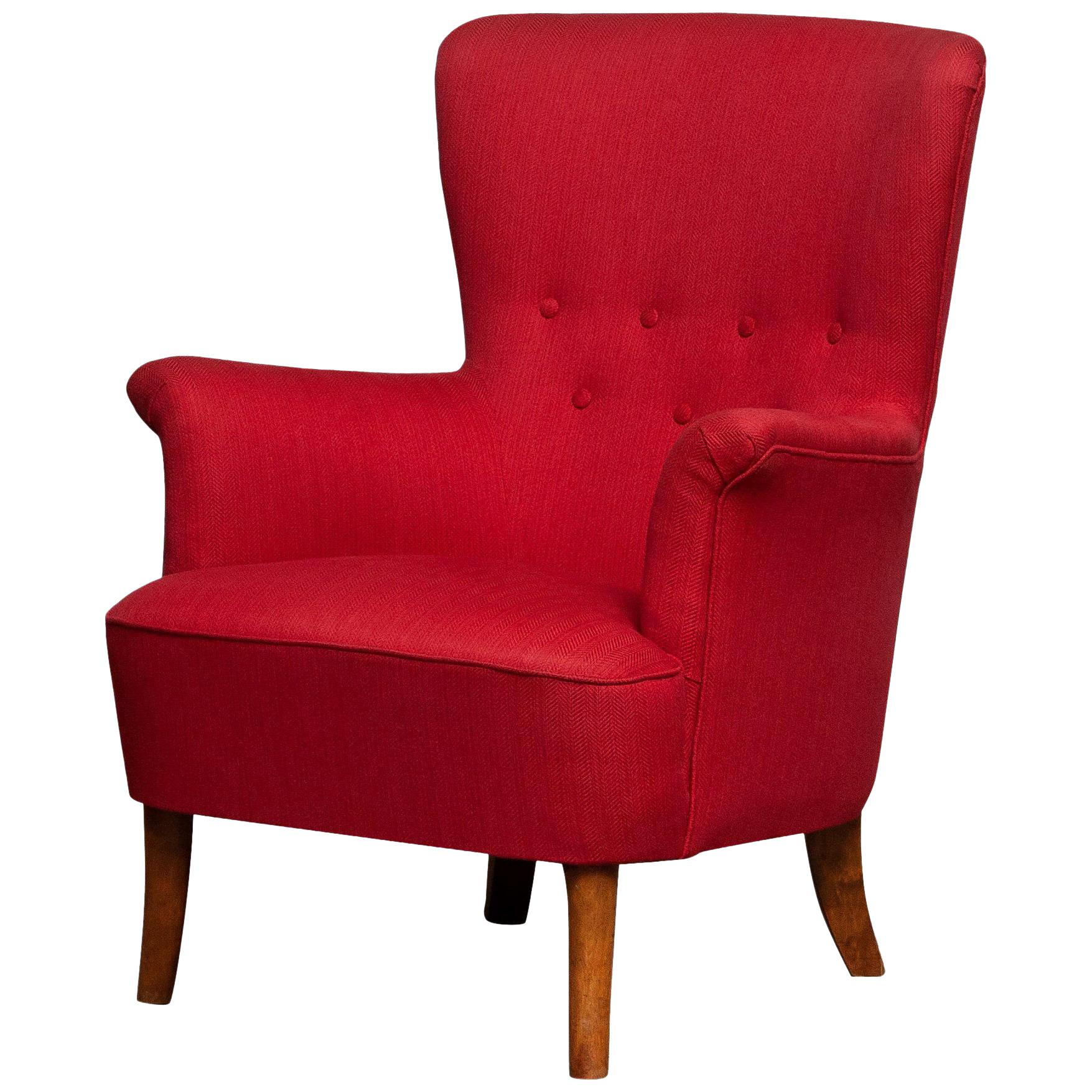 Mid-Century Modern 1940s, Fuchsia Red Club Lounge Chair by Carl Malmsten for OH Sjogren, Sweden