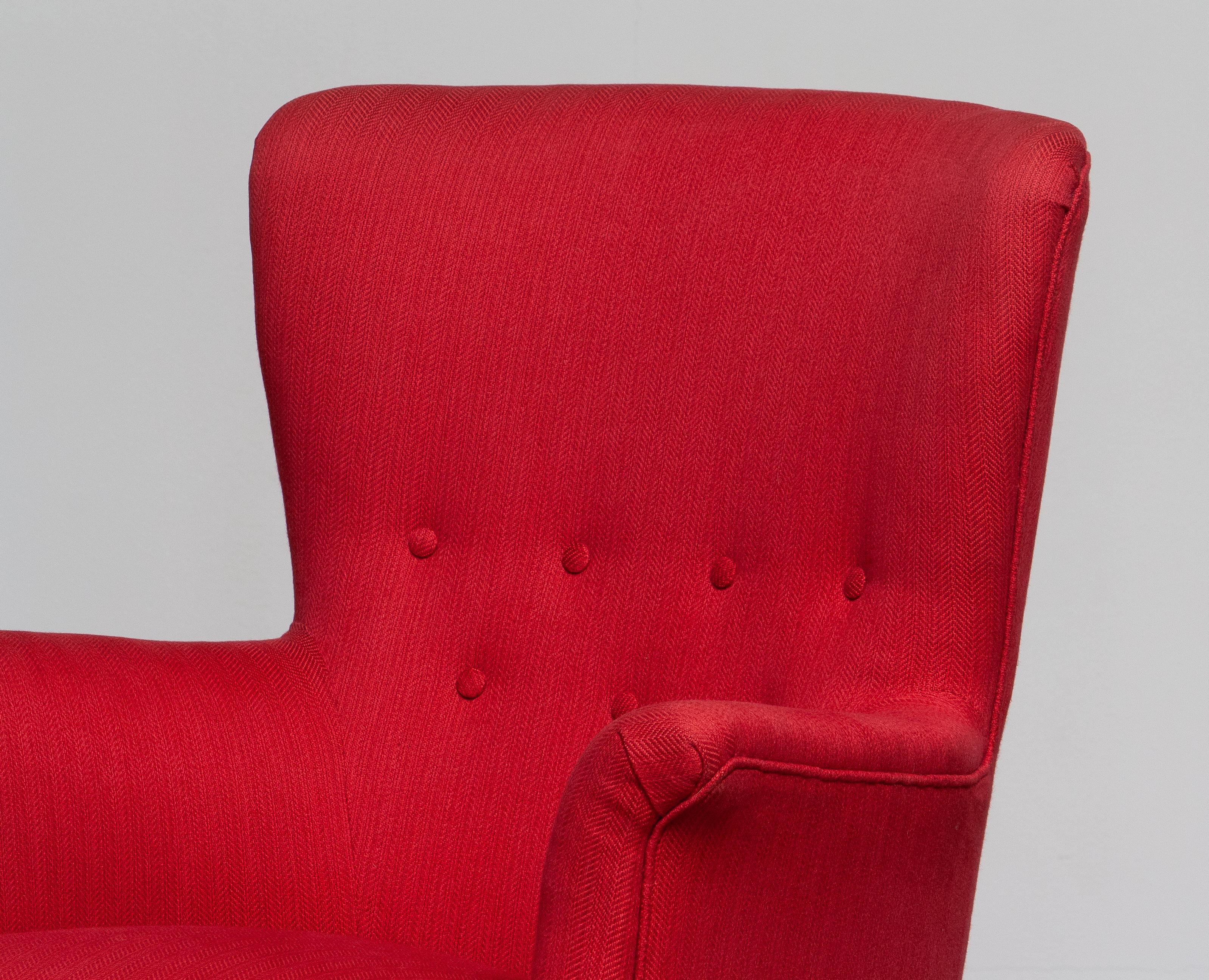 1940s, Fuchsia Red Club Lounge Chair by Carl Malmsten for OH Sjogren, Sweden In Good Condition In Silvolde, Gelderland