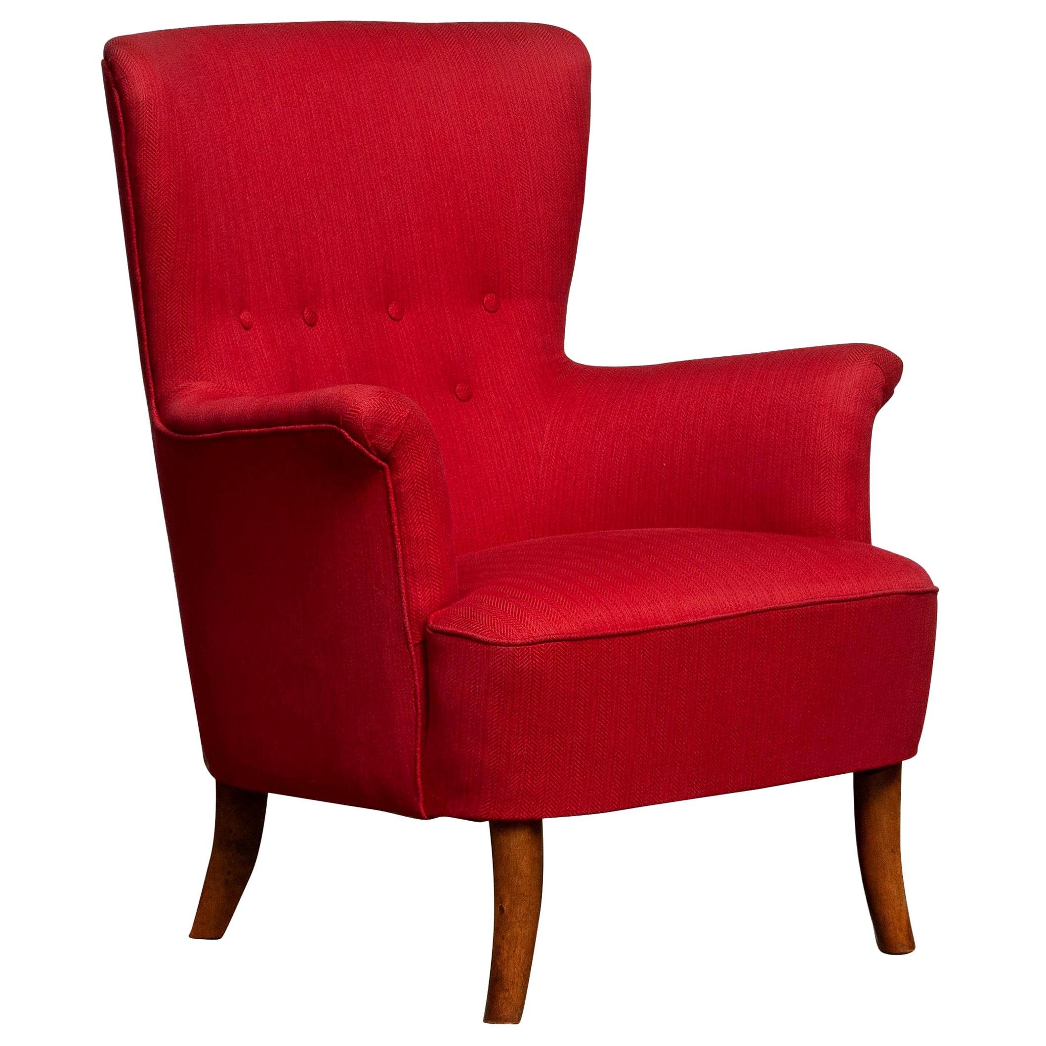 1940s, Fuchsia Red Club Lounge Chair by Carl Malmsten for OH Sjogren, Sweden