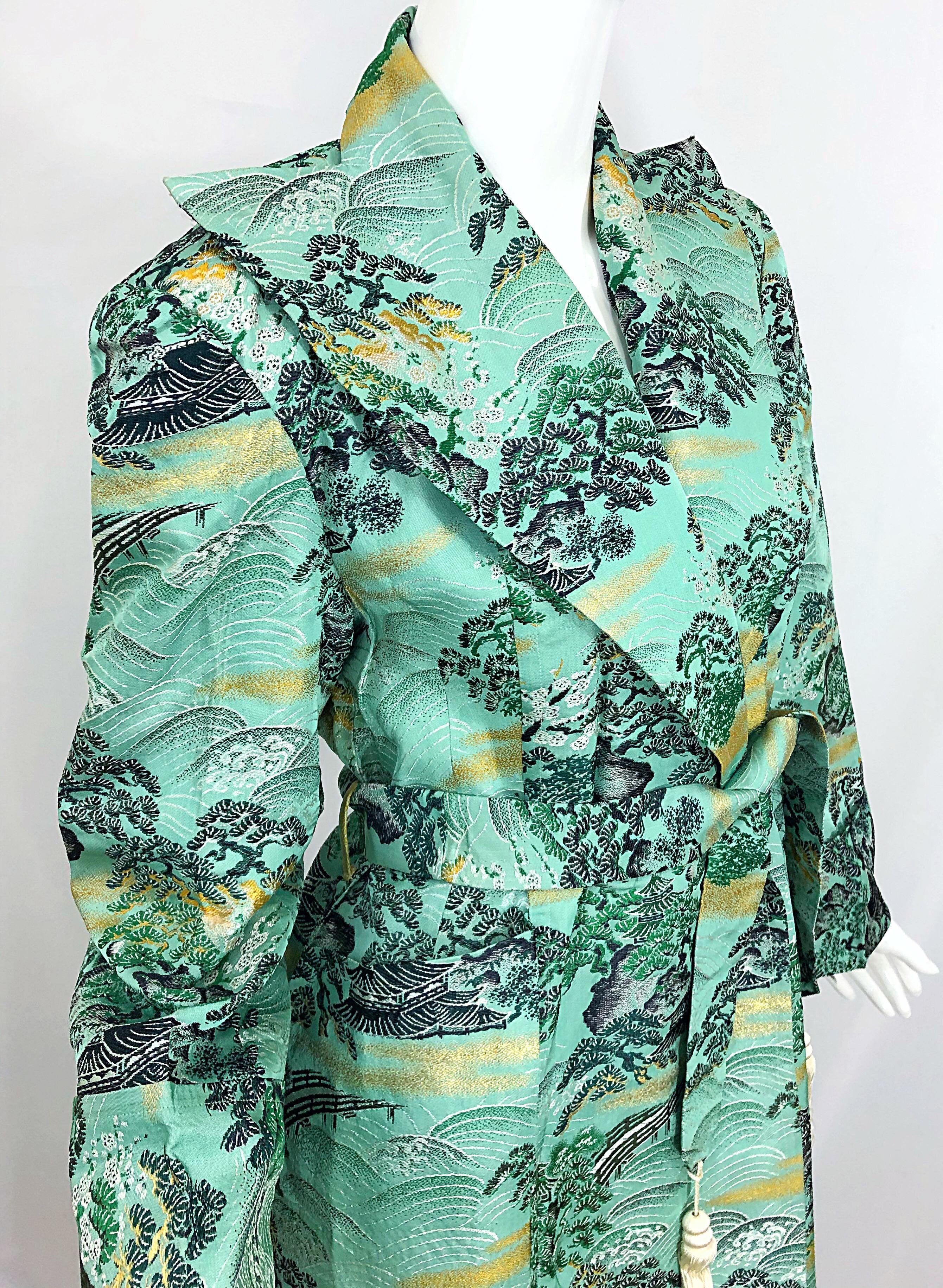 1940s Fujibayashi Blue + Green + Gold Novelty Print Silk Vintage 40s Jacket For Sale 3