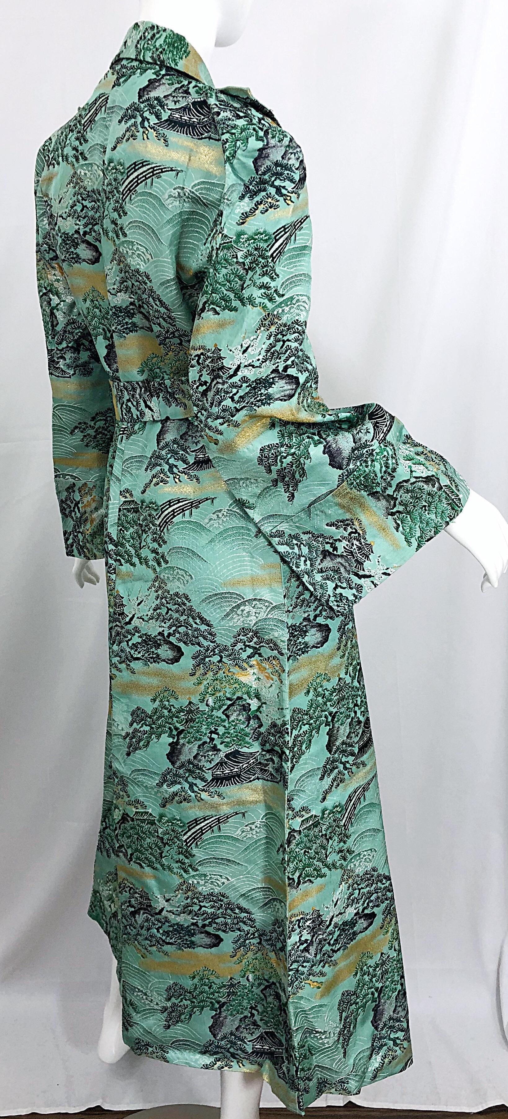 1940s Fujibayashi Blue + Green + Gold Novelty Print Silk Vintage 40s Jacket For Sale 8