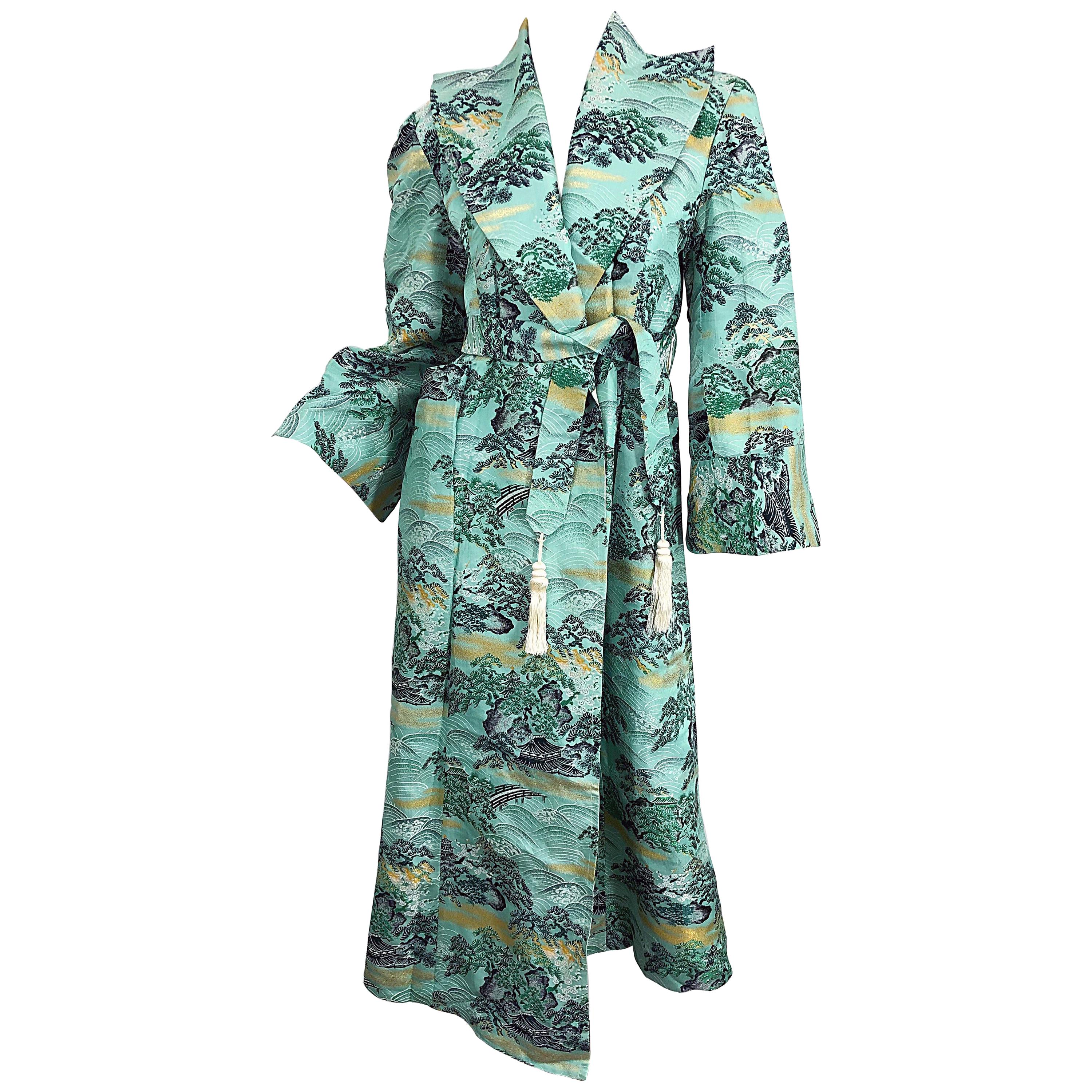 1940s Fujibayashi Blue + Green + Gold Novelty Print Silk Vintage 40s Jacket For Sale