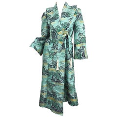 Fujibayashi - Veste en soie vintage à imprimé fantaisie bleu, vert et or, années 1940