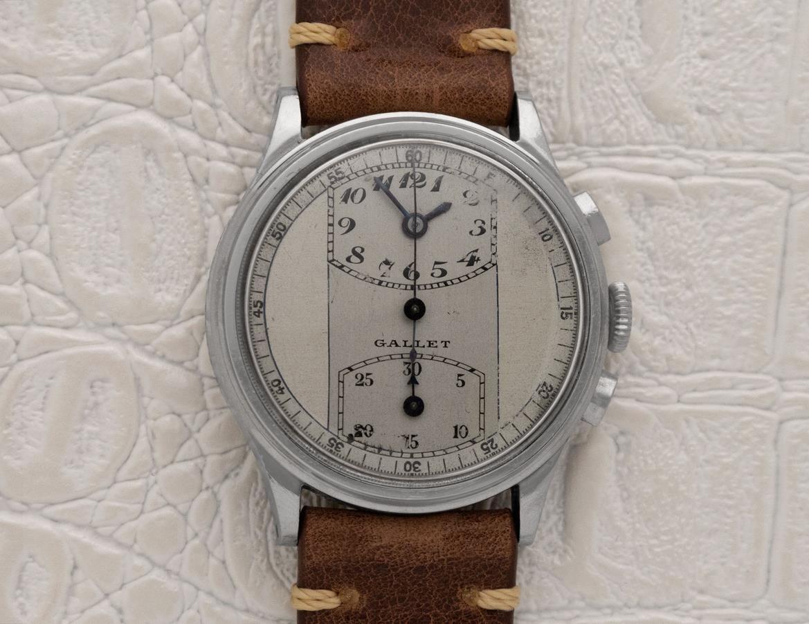 1940's Gallet Vintage Regulator Mens Chronograph Watch - Stainless Steel For Sale 3