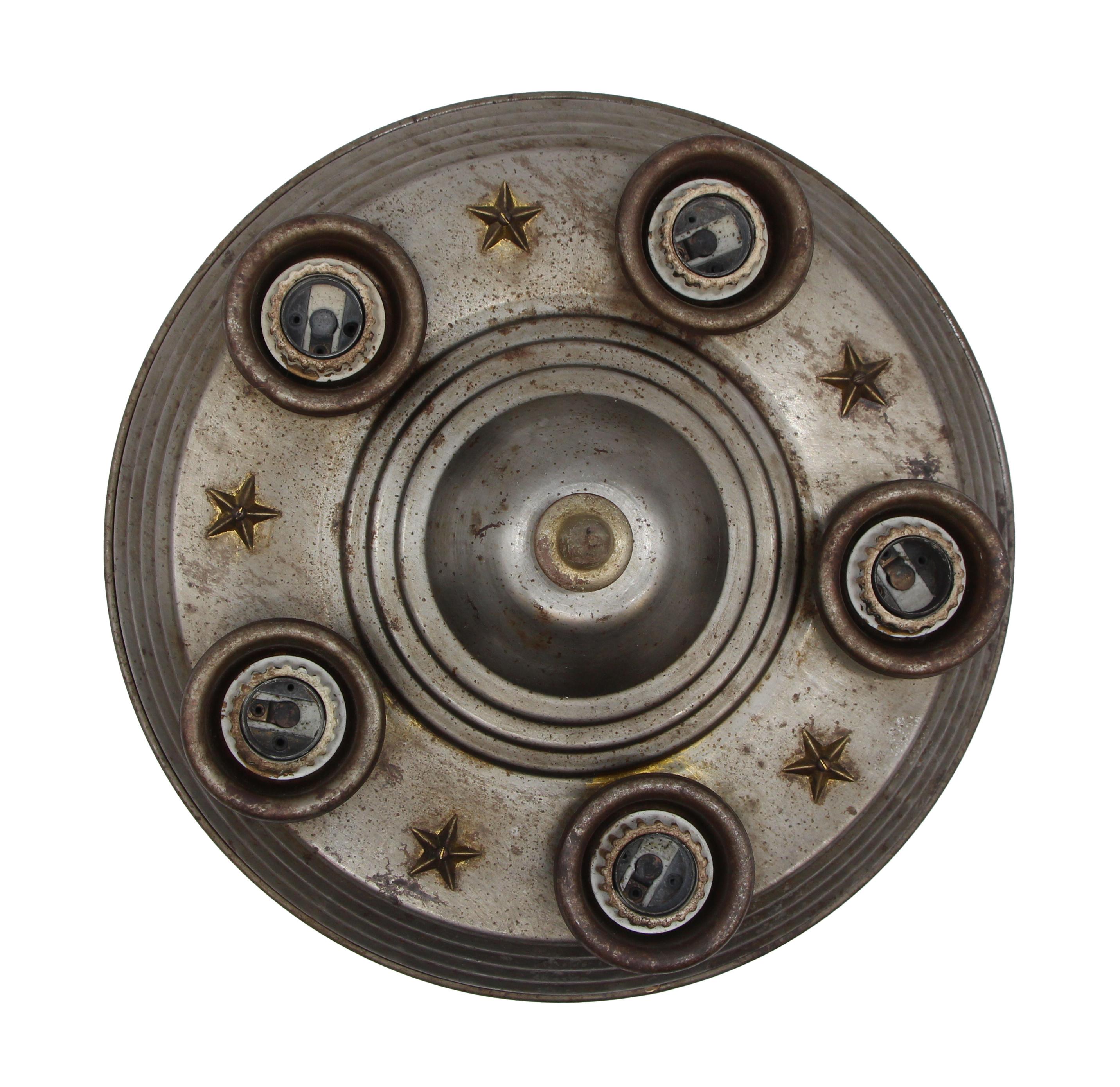 1940's five socket metal ceiling light with brass star accents. This American Classic style light measures 13