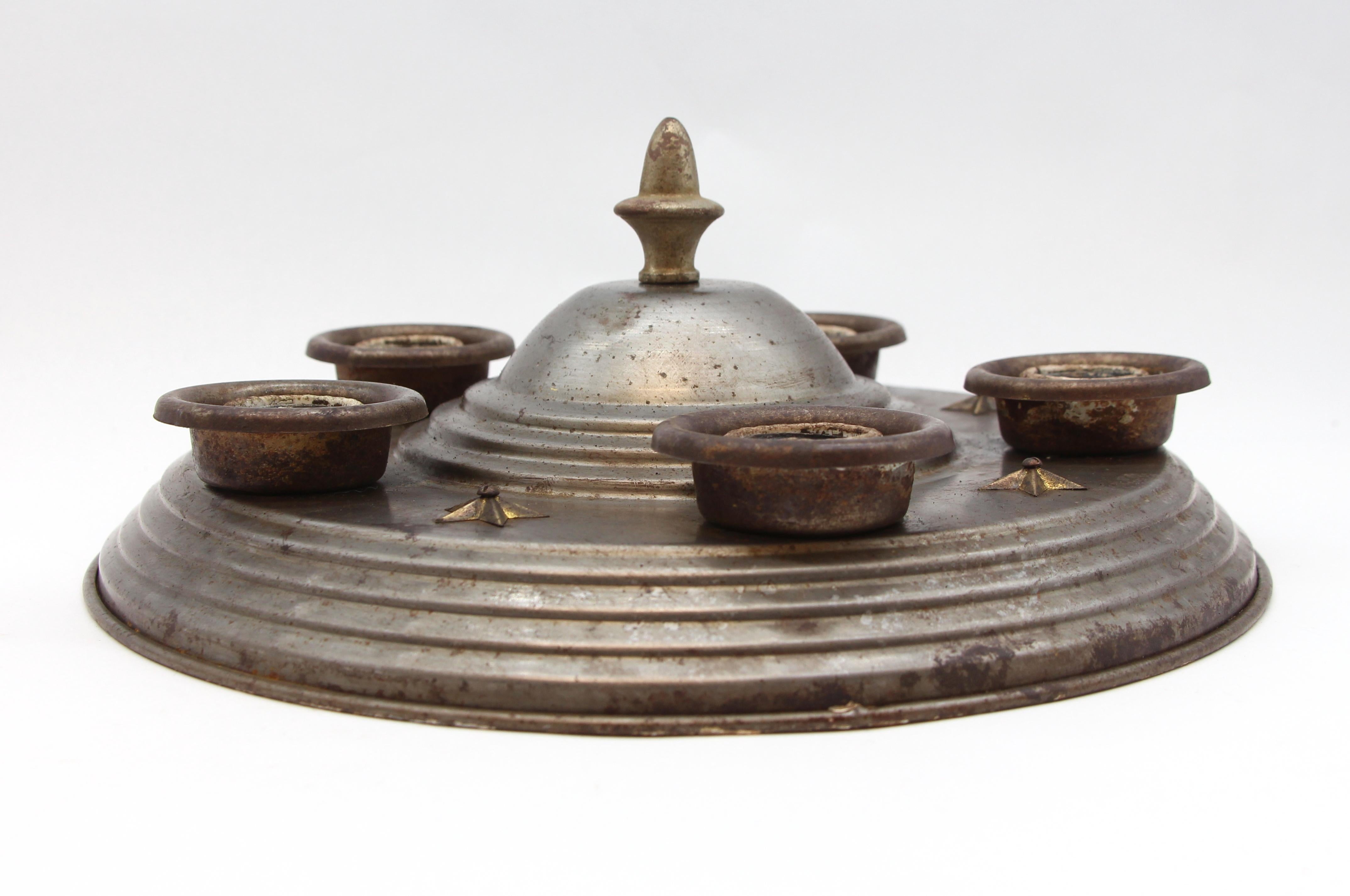 American Classical 1940s Galvanized Metal Pan Ceiling Fixture w/ 5 Sockets and Brass Star Accents