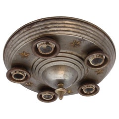 1940s Galvanized Metal Pan Ceiling Fixture w/ 5 Sockets and Brass Star Accents