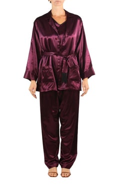 1940S Garnet Red Rayon Blend Satin 3-Piece Pajamas
