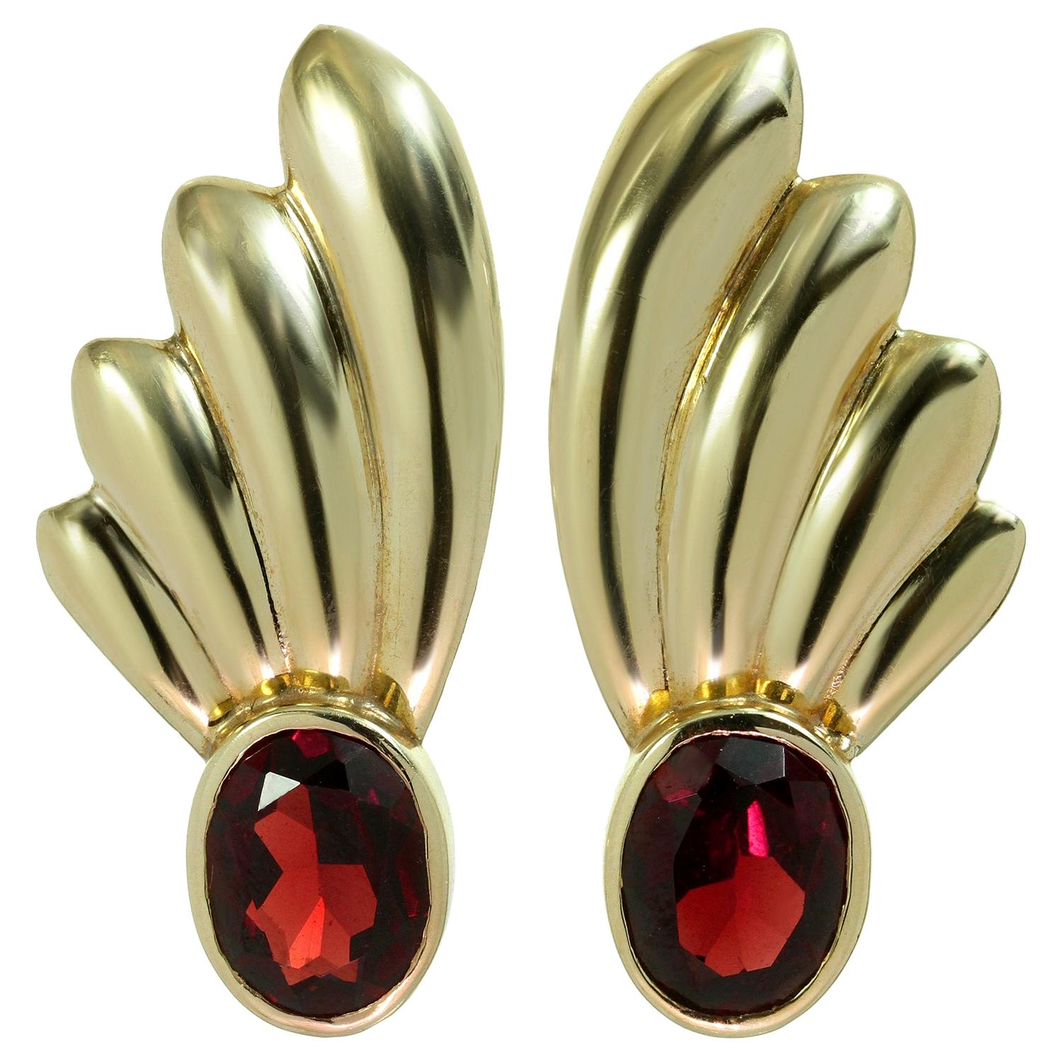1940s Garnet Yellow Gold Fan Earrings