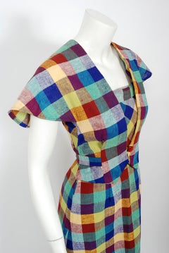 Vintage 1940's Gay Gibson Colorful Plaid Linen Cotton Sun Dress & Winged Bolero