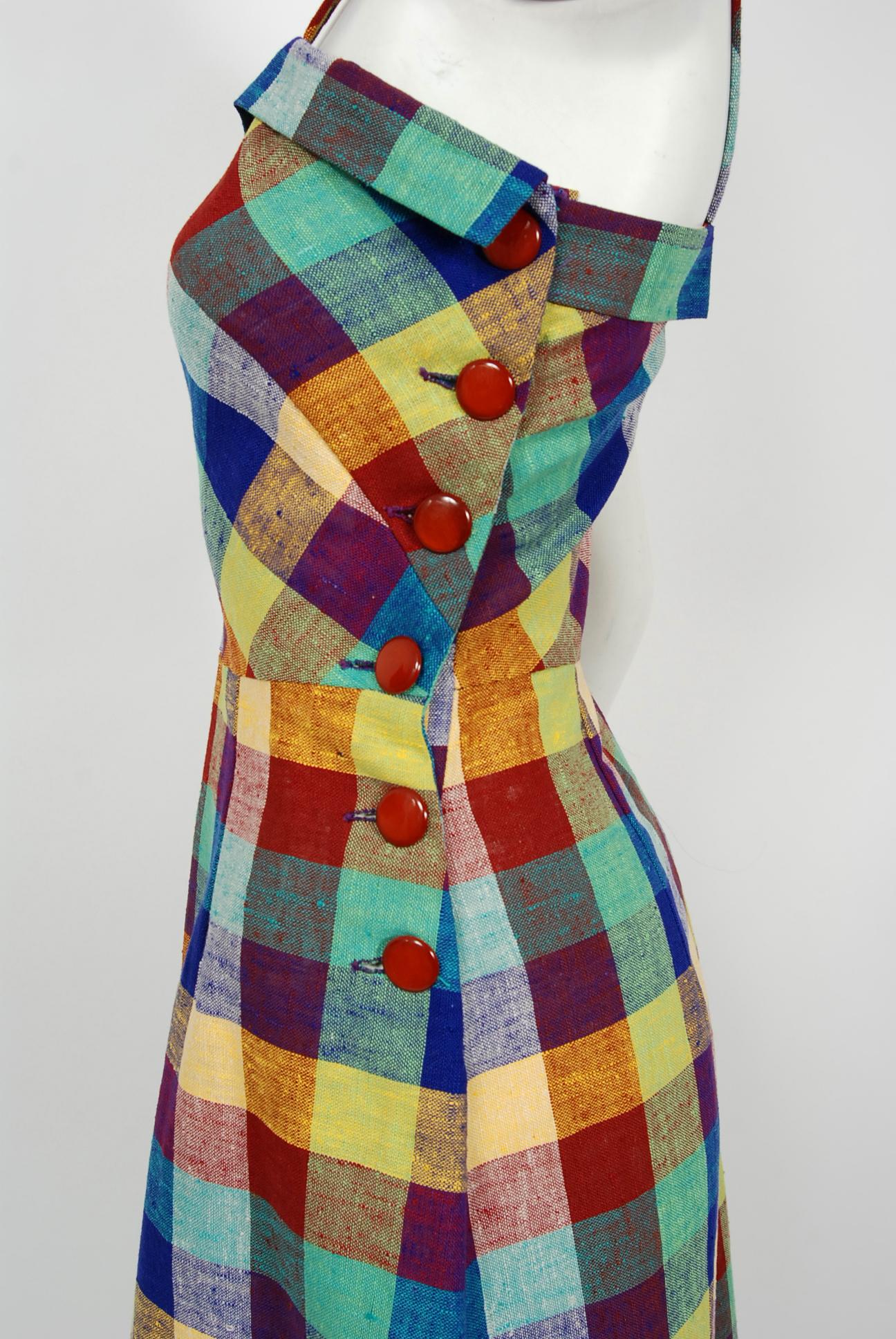 Vintage 1940's Gay Gibson Colorful Plaid Linen Cotton Sun Dress & Winged Bolero In Good Condition In Beverly Hills, CA