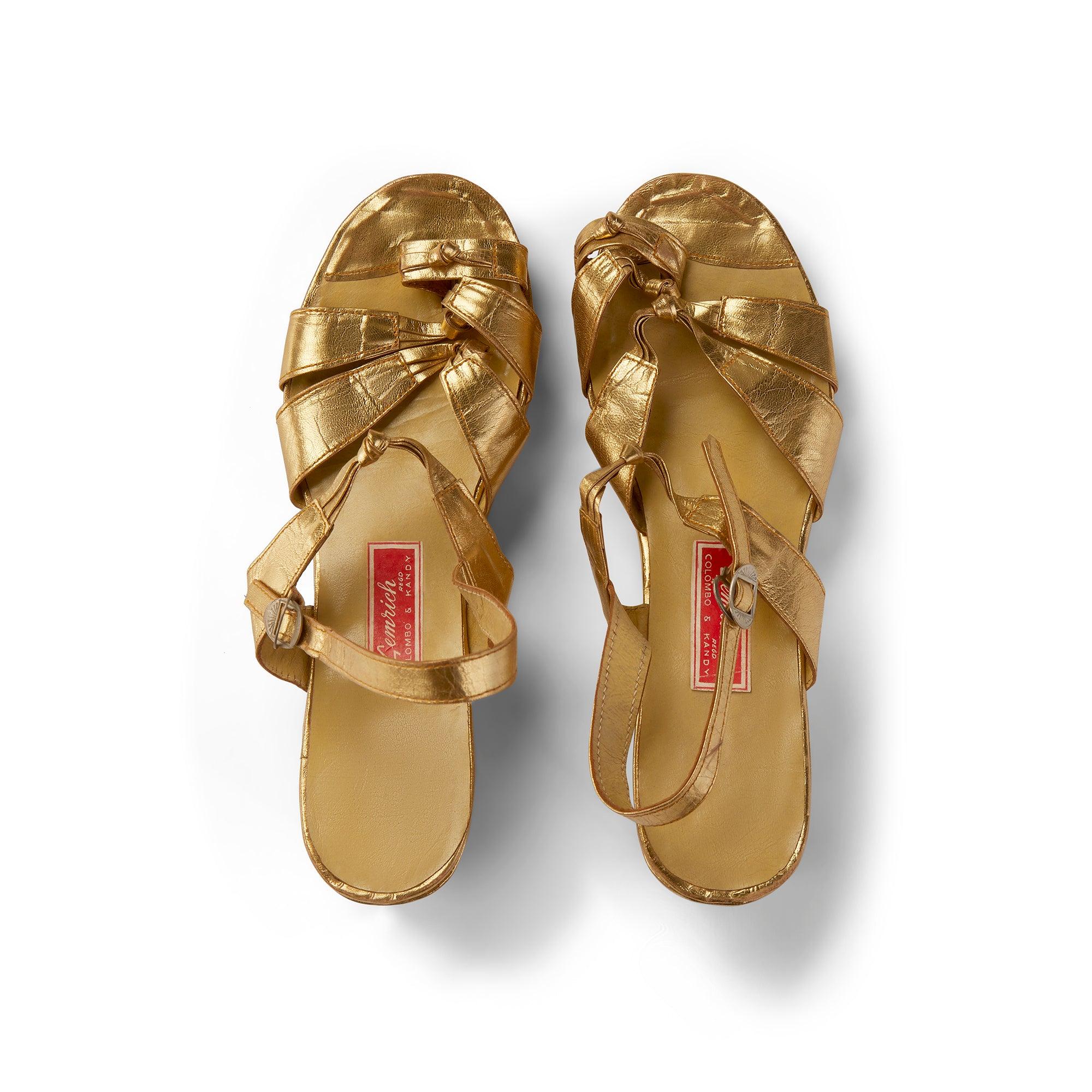 Marrone Sandali con zeppa in pelle dorata Gemrich anni '40 in vendita