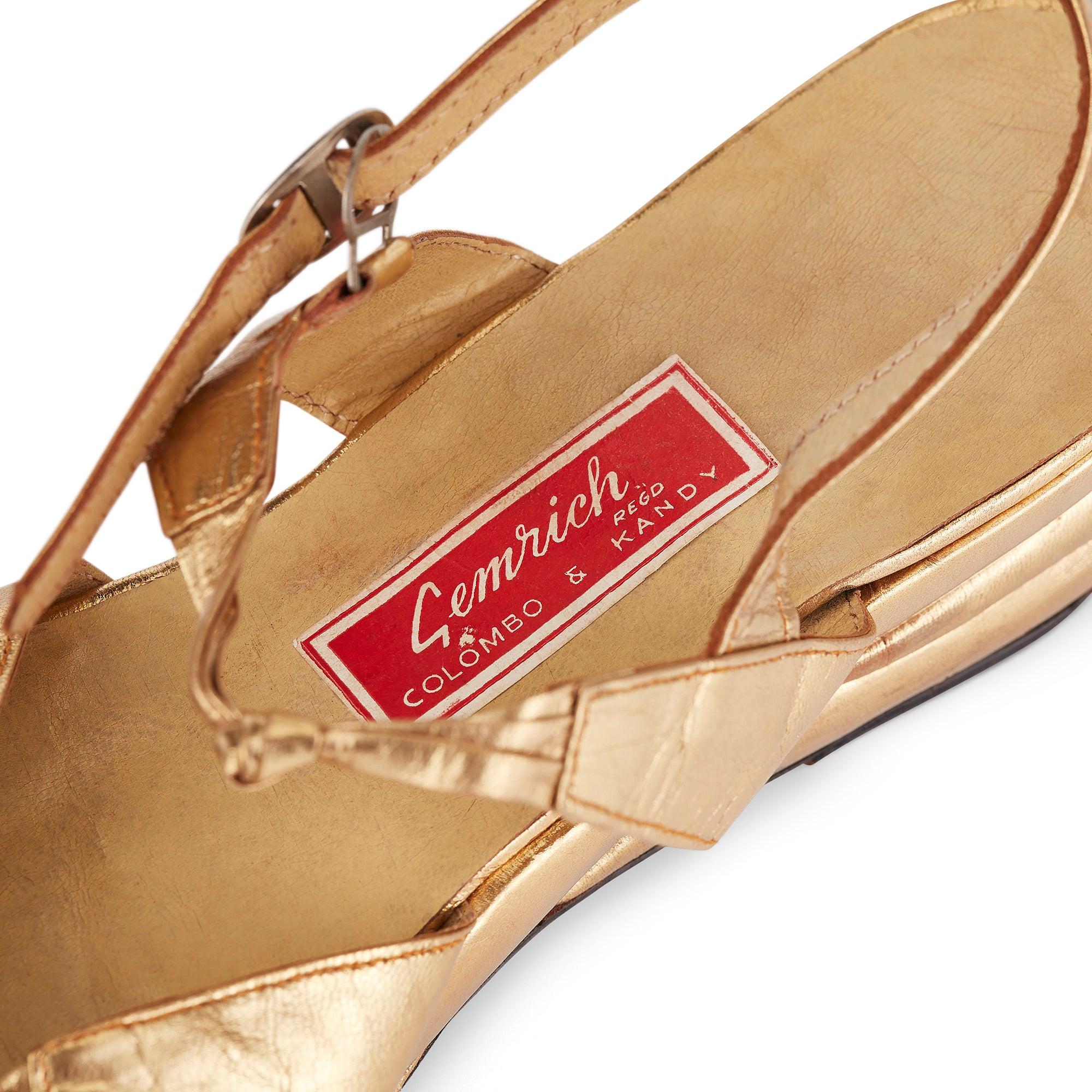 Sandali con zeppa in pelle dorata Gemrich anni '40 in vendita 1