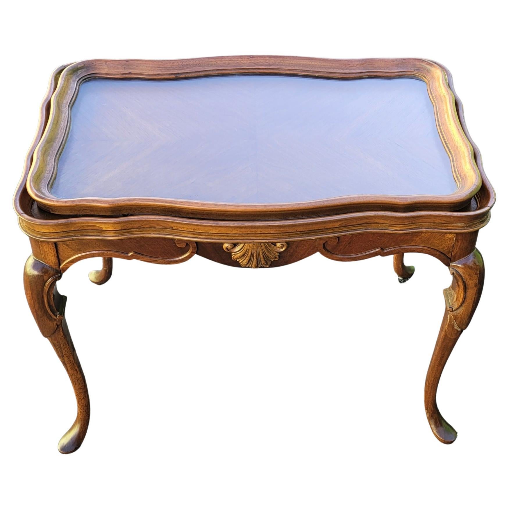 1940s George III Style Carved Rectangular Mahogany Glass Tray Top Side Table For Sale