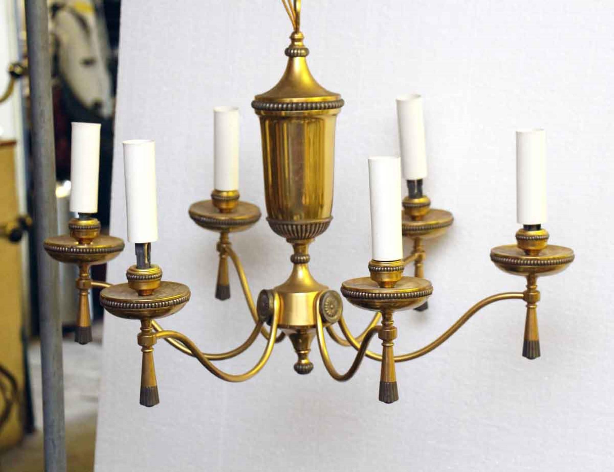 American 1940s Georgian 6 Arm Brass Chandelier with Tassel and Beaded Rosette Details