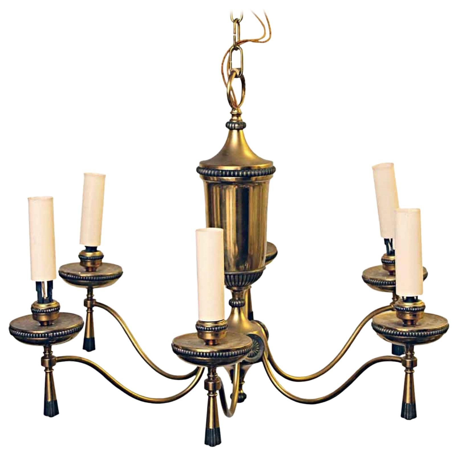 1940s Georgian 6 Arm Brass Chandelier with Tassel and Beaded Rosette Details