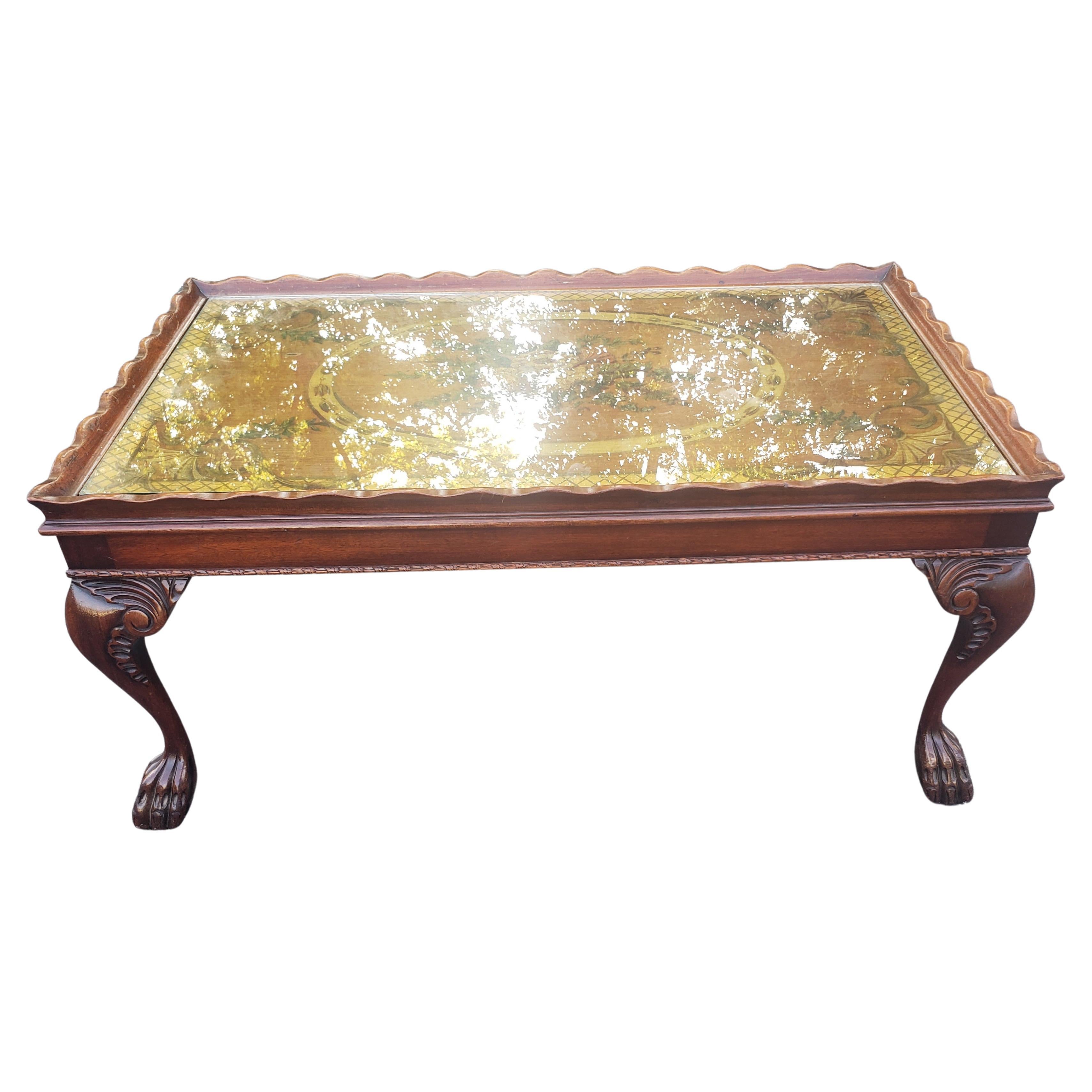 1940s Georgian style Floral Hand-Painted Top Mahogany Coffee Table with Protective Glass top and paw feet. Newer hand painted decorated top. 
Measures 36