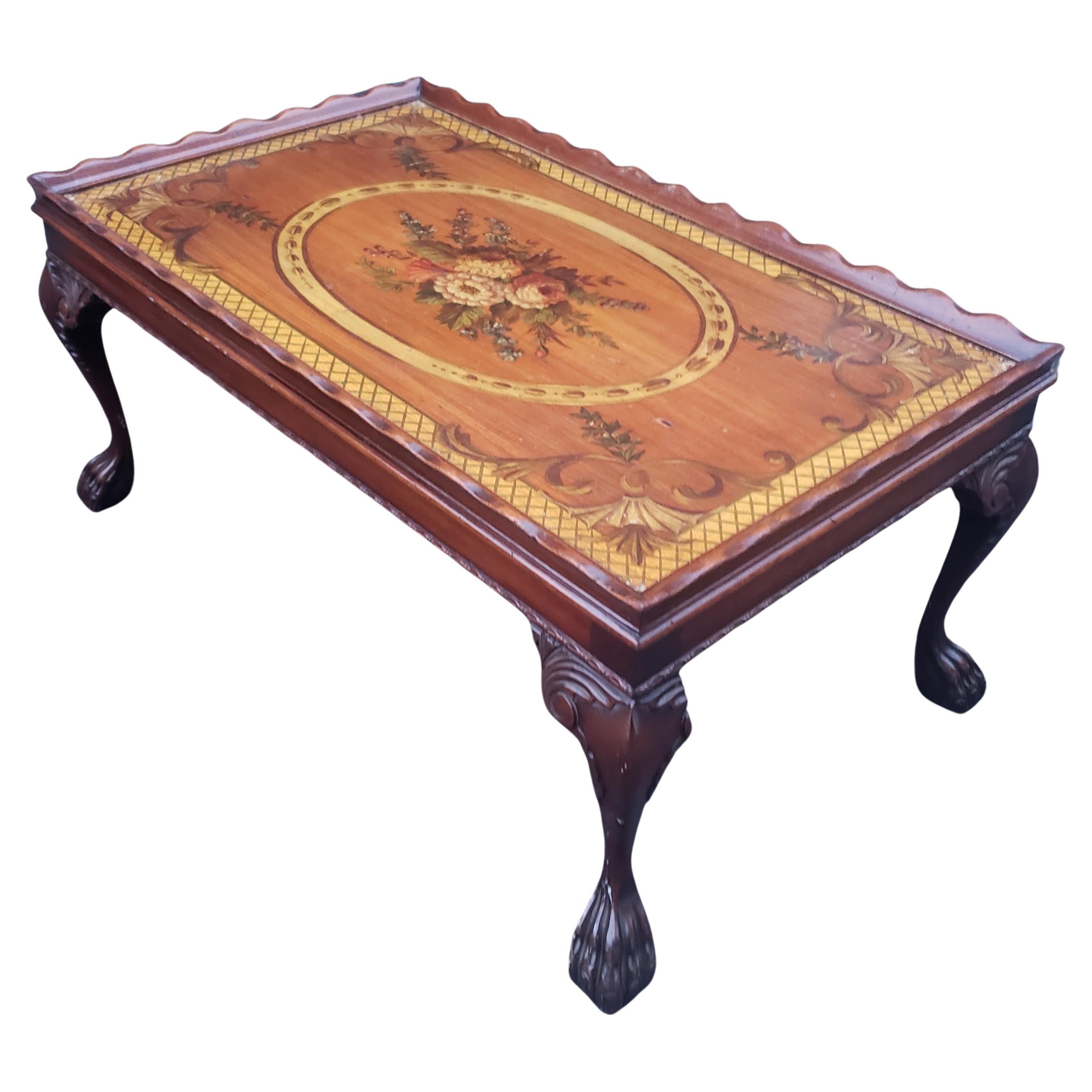 American 1940s Georgian Floral Hand Painted Top Mahogany Coffee Table W/ Protective Glass For Sale