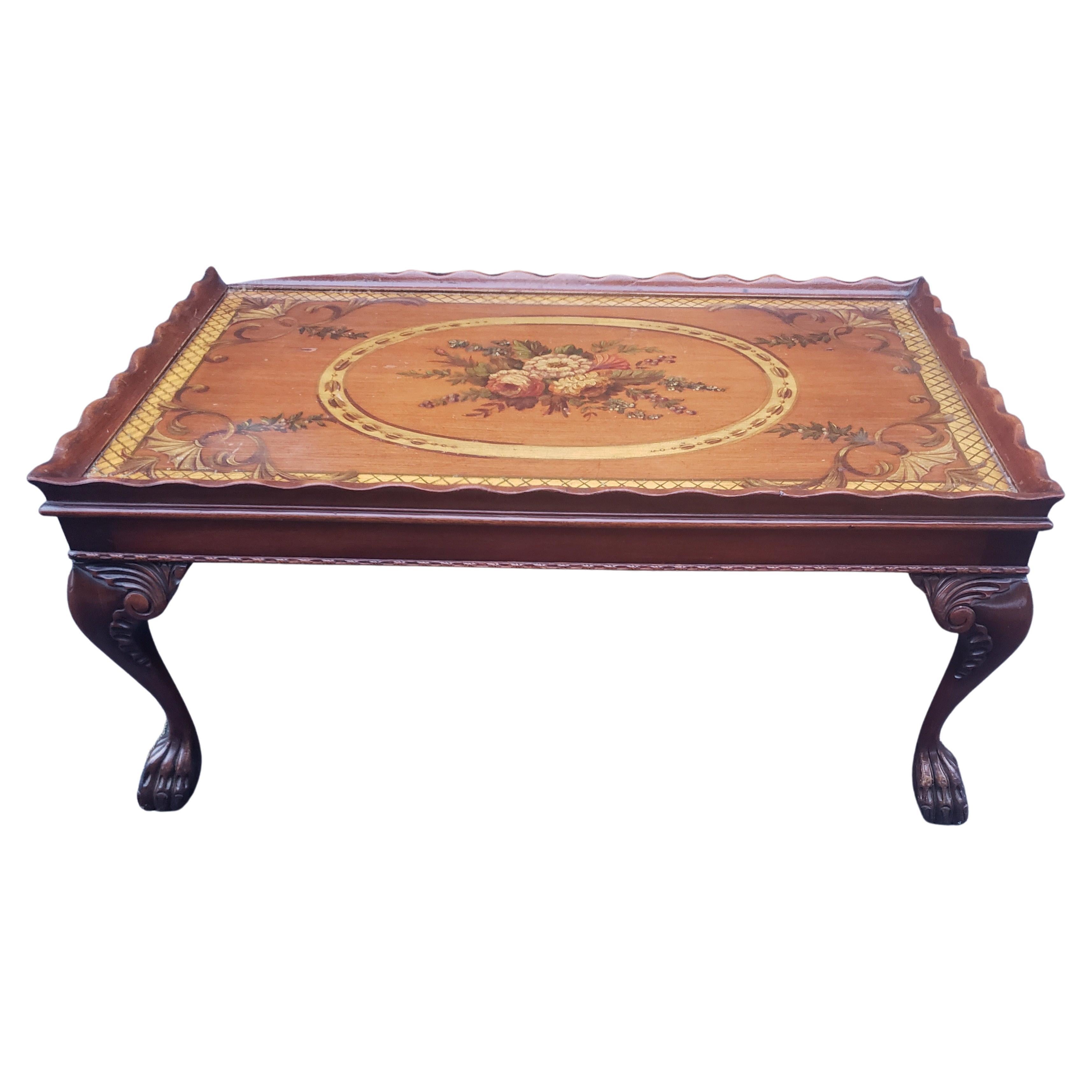 Hand-Painted 1940s Georgian Floral Hand Painted Top Mahogany Coffee Table W/ Protective Glass For Sale