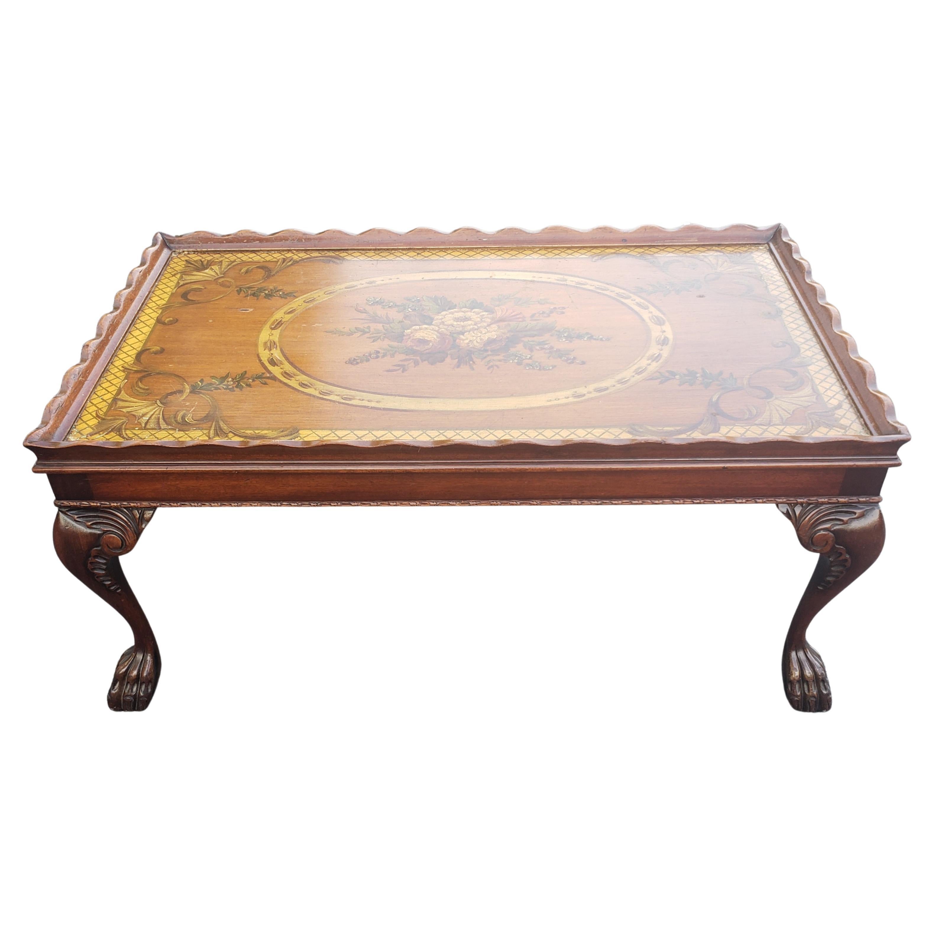 20th Century 1940s Georgian Floral Hand Painted Top Mahogany Coffee Table W/ Protective Glass For Sale