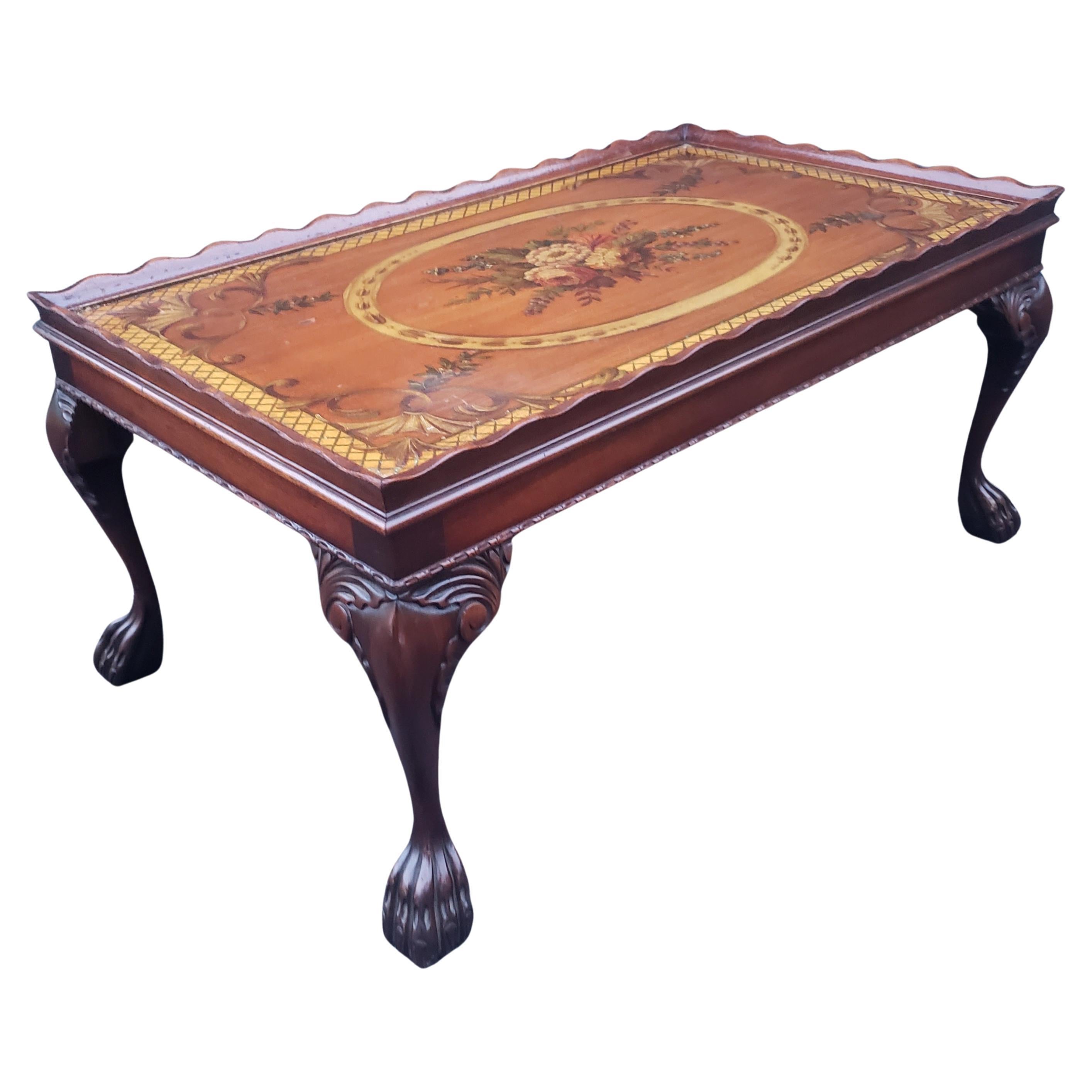 1940s Georgian Floral Hand Painted Top Mahogany Coffee Table W/ Protective Glass For Sale