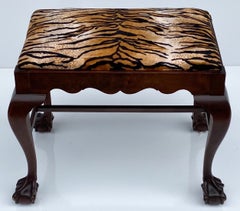 1940s Georgian Style Mahogany Ball and Claw Bench / Ottoman in Tiger Velvet