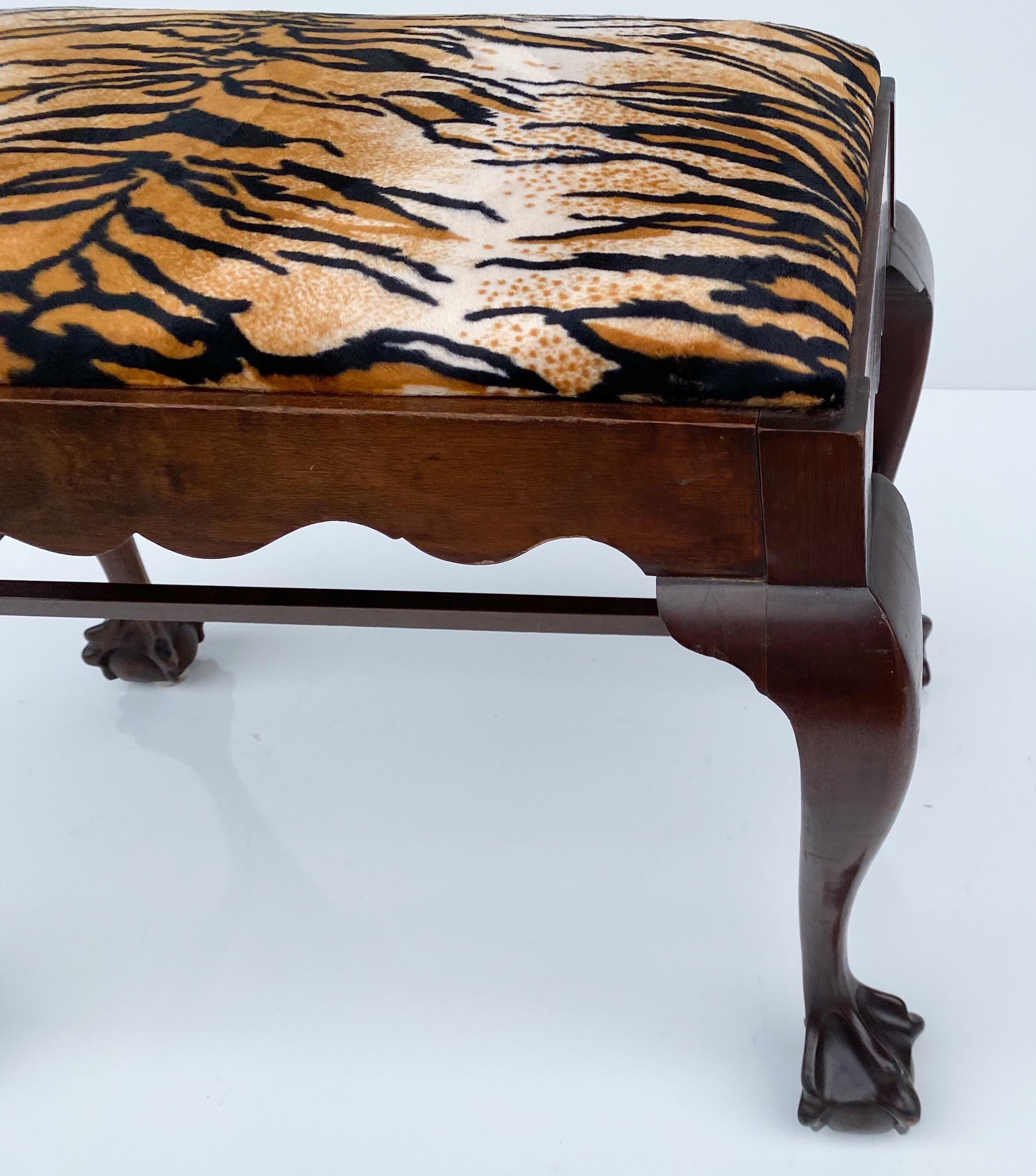 American 1940s Georgian Style Mahogany Ball and Claw Bench / Ottoman in Tiger Velvet