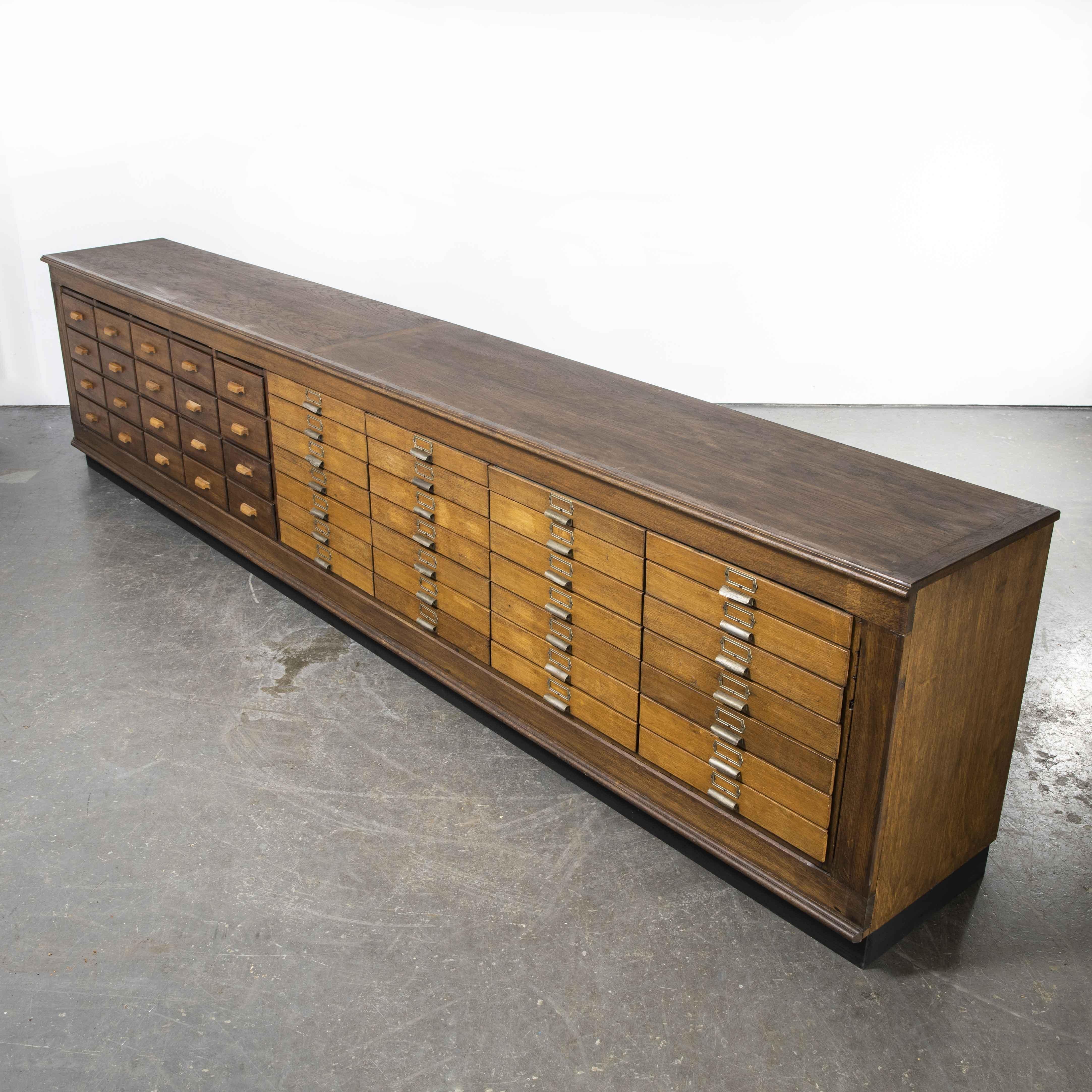 1940’s German Apothecary Long Bank of Drawers, Forty Eight Drawers 1