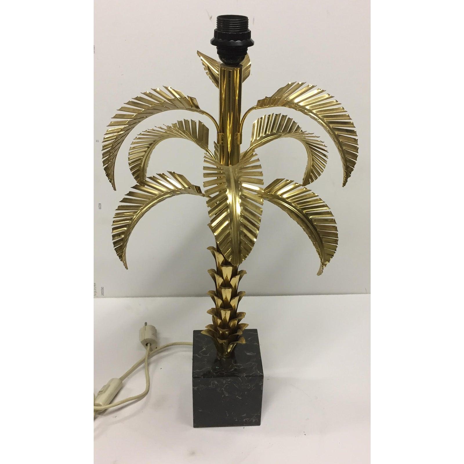 1940s German Brass Palm Table Lamp with a Black Marble Base In Fair Condition For Sale In Sausalito, CA