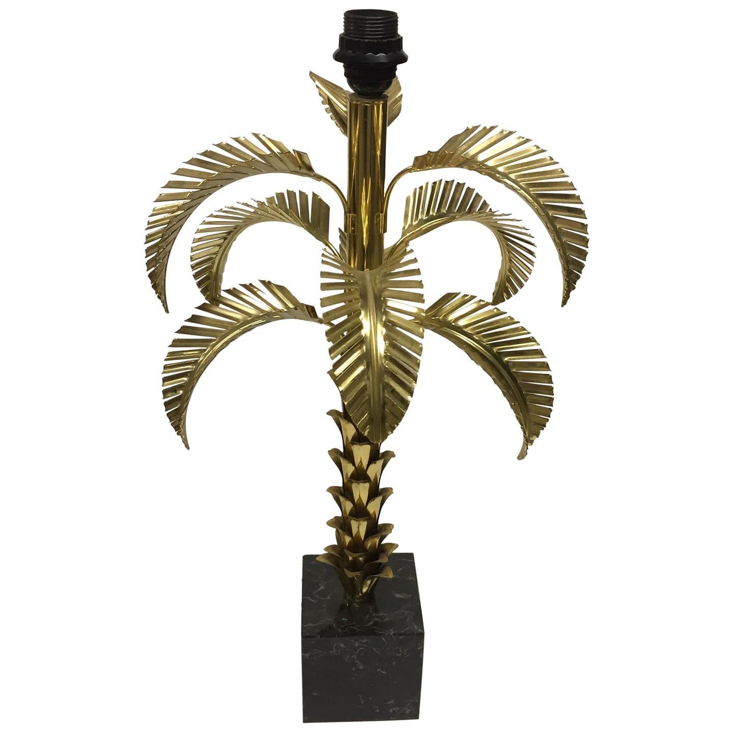 1940s German Brass Palm Table Lamp with a Black Marble Base For Sale