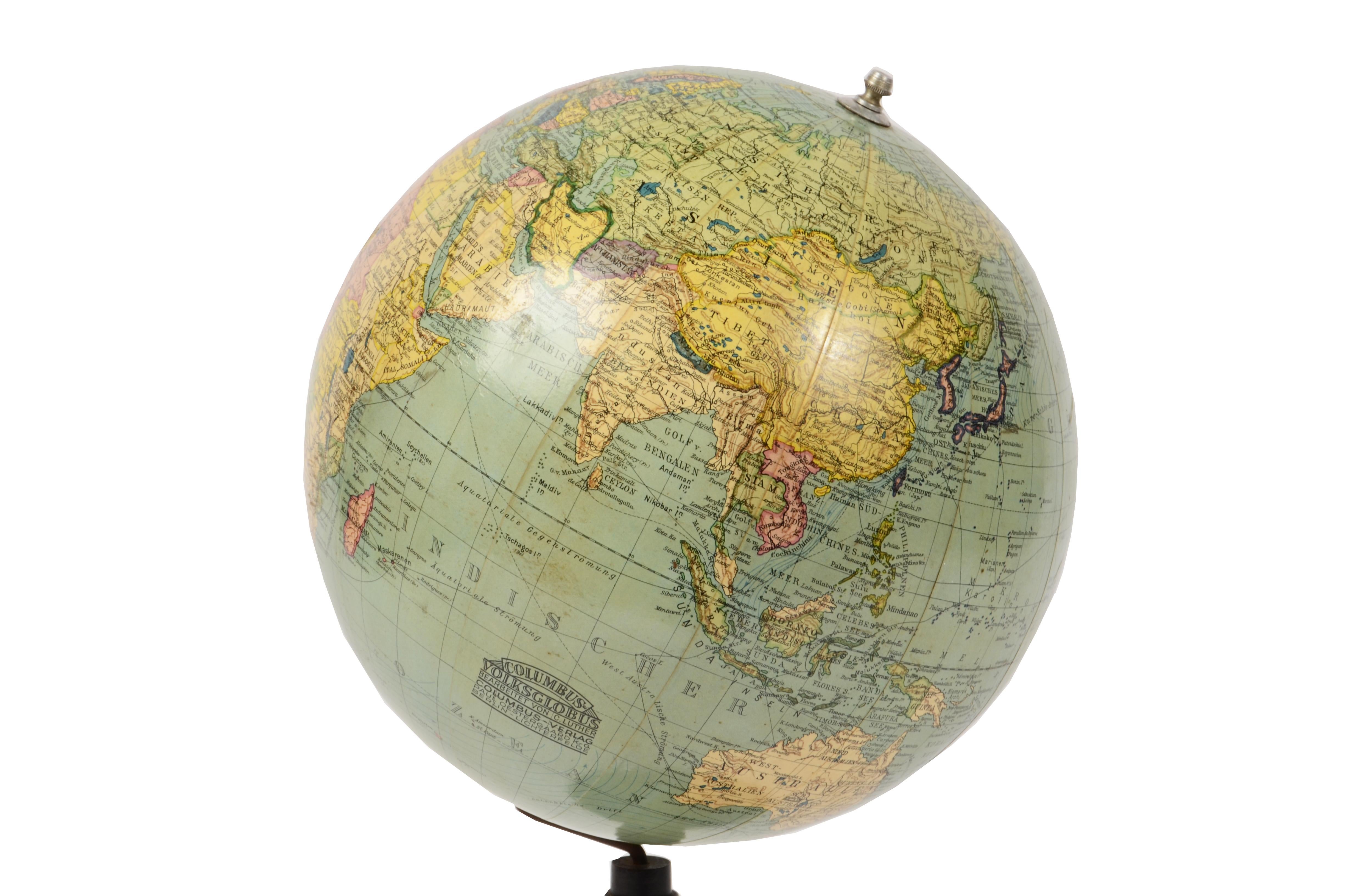 Mid-20th Century 1940s German Columbus Erdglobus Terrestrial Globe by Cartographer C. Luther