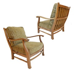 1940s German Sculptural Wood Cage Framed Midcentury Art Deco Lounge Chairs 