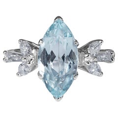 1940s GIA 3.08ctw Vintage Aquamarine Marquise and Diamond 18k Ring