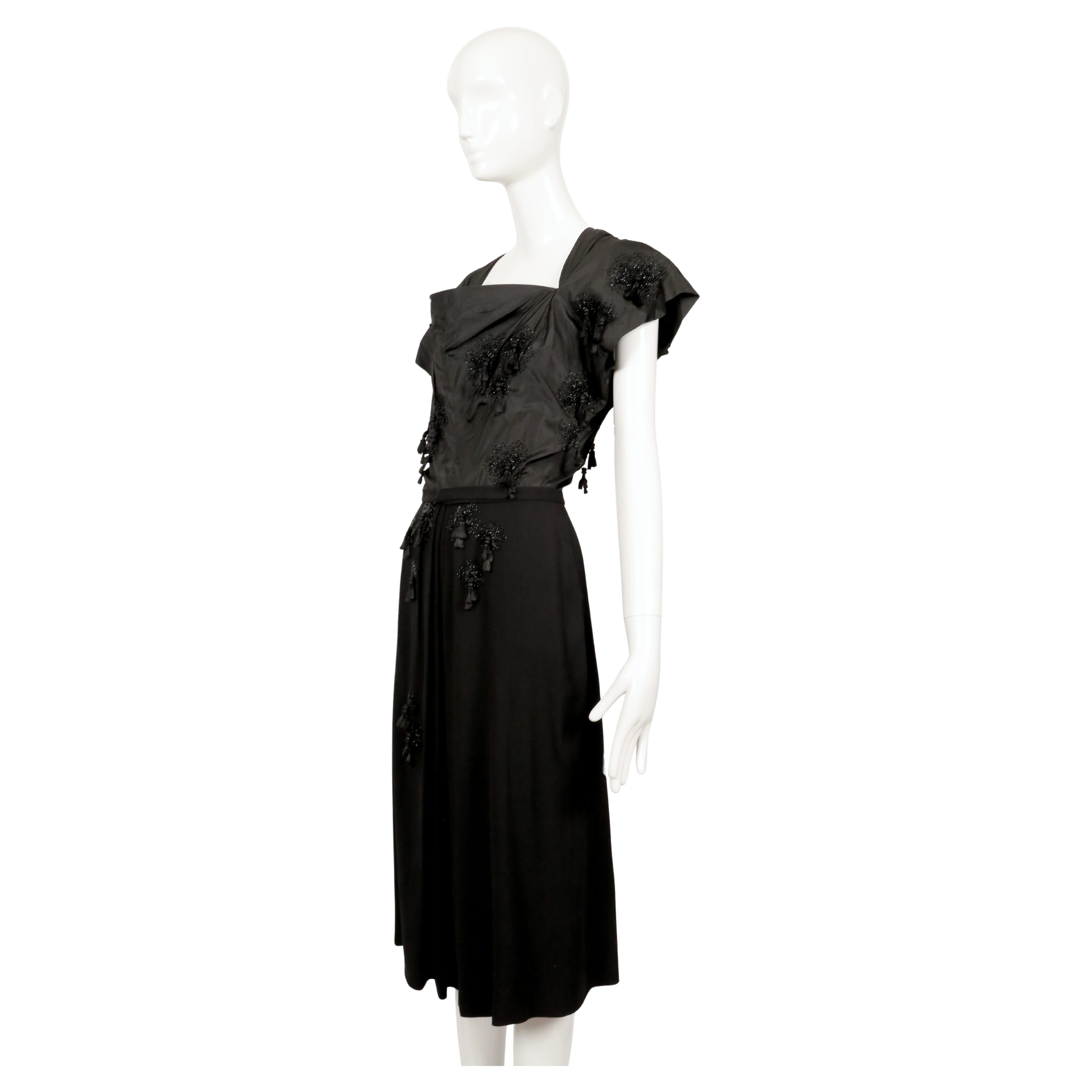 1940's GILBERT ADRIAN black silk taffeta dress with tassels and beading For Sale 5