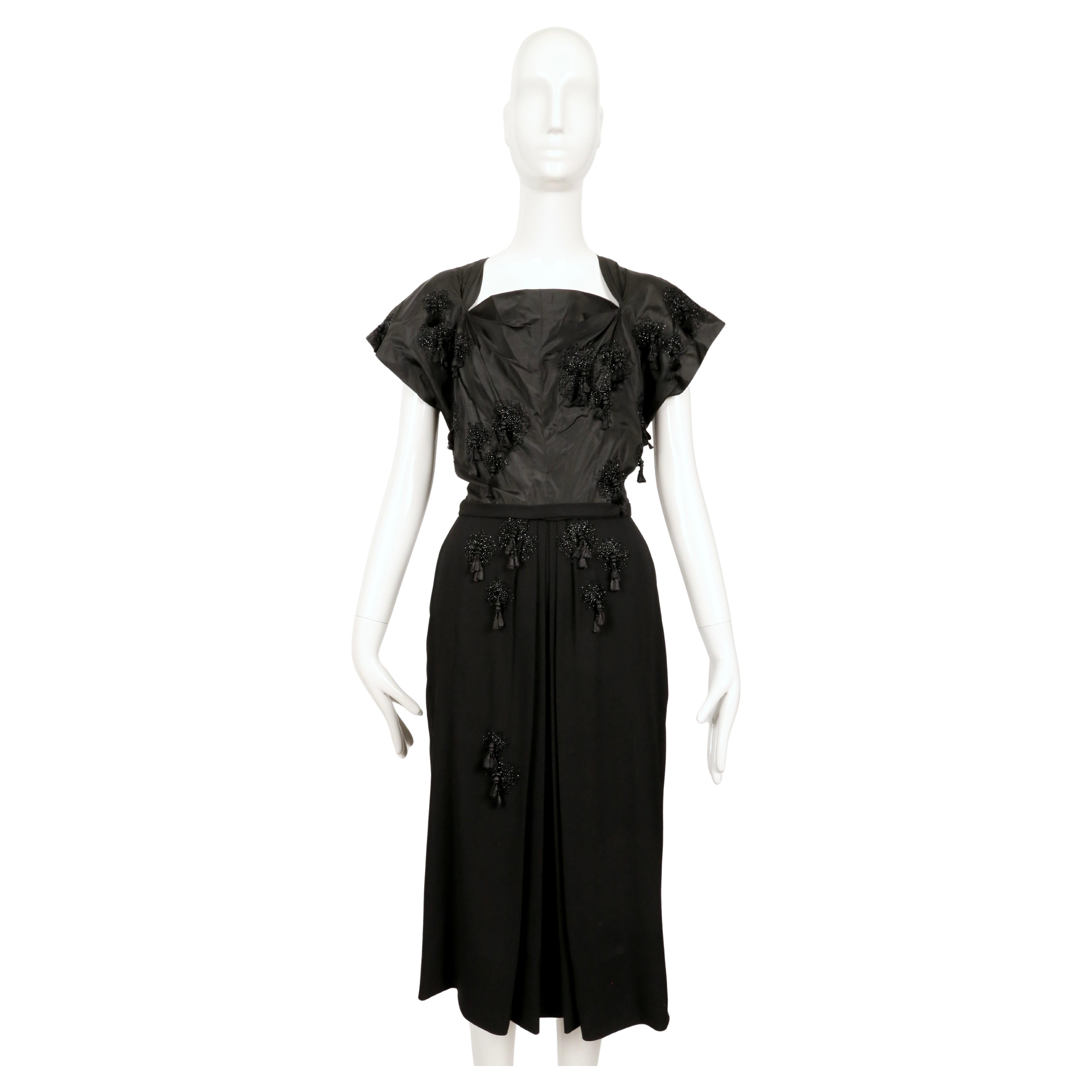 Black 1940's GILBERT ADRIAN black silk taffeta dress with tassels and beading For Sale