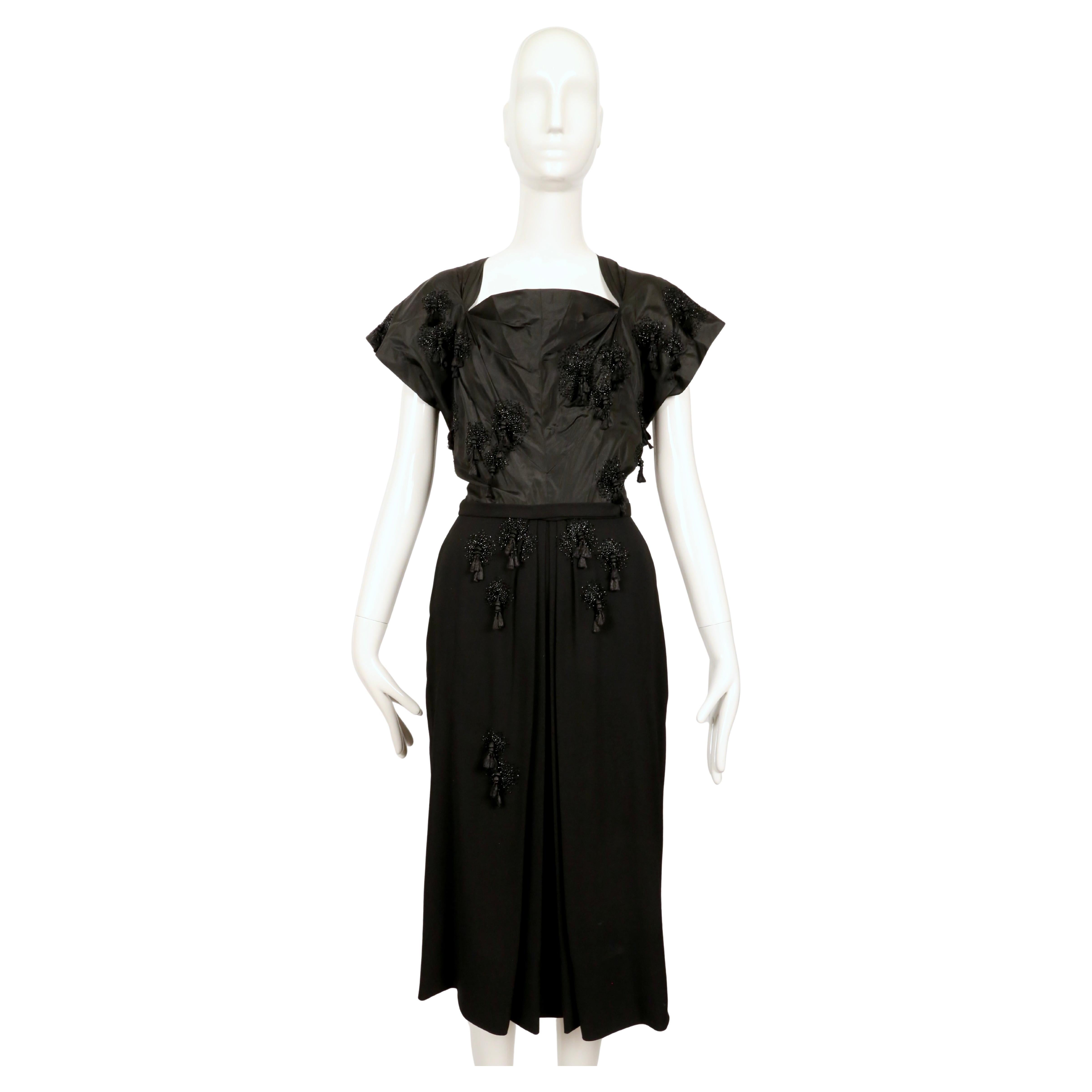 1940's GILBERT ADRIAN black silk taffeta dress with tassels and beading In Good Condition For Sale In San Fransisco, CA