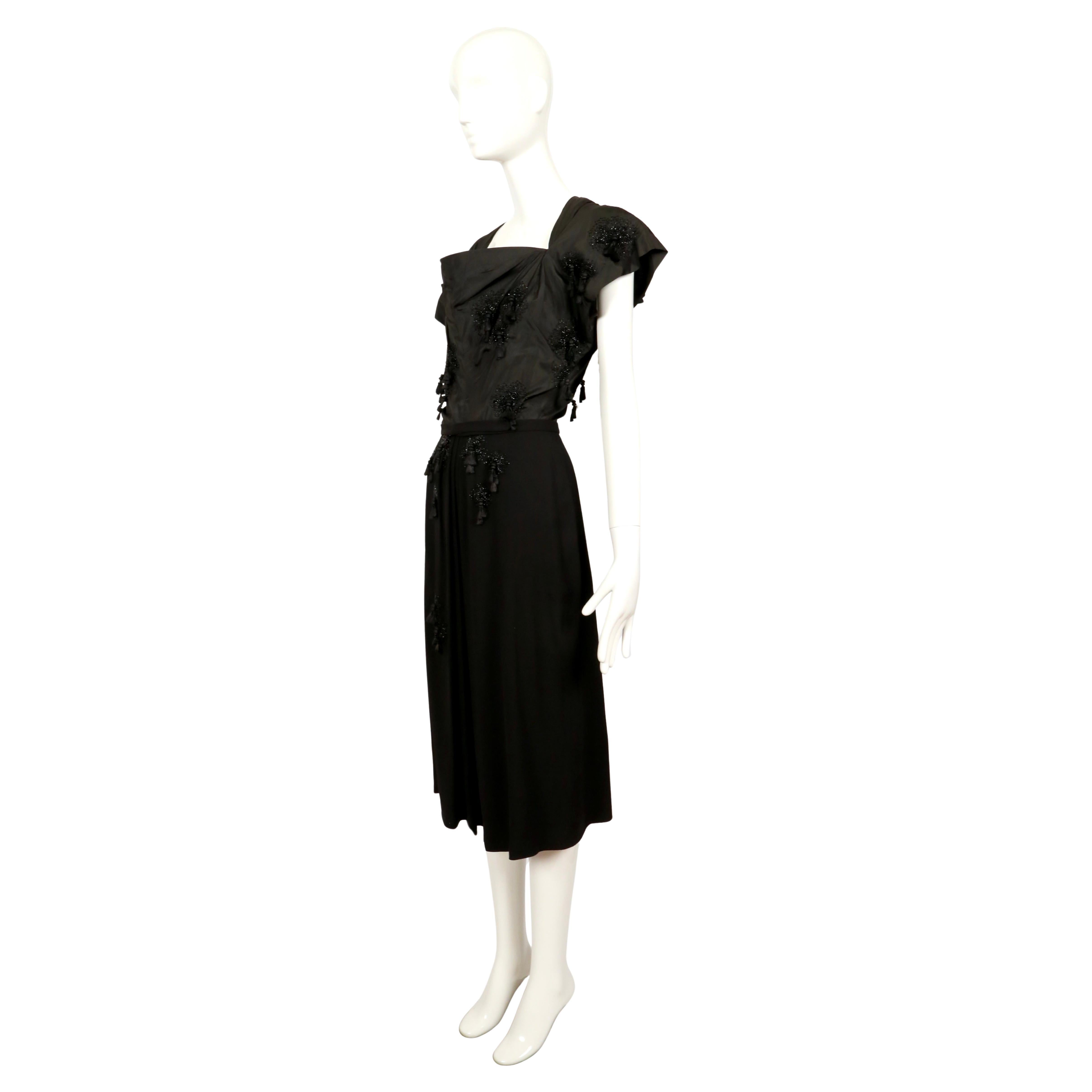1940's GILBERT ADRIAN black silk taffeta dress with tassels and beading For Sale 4