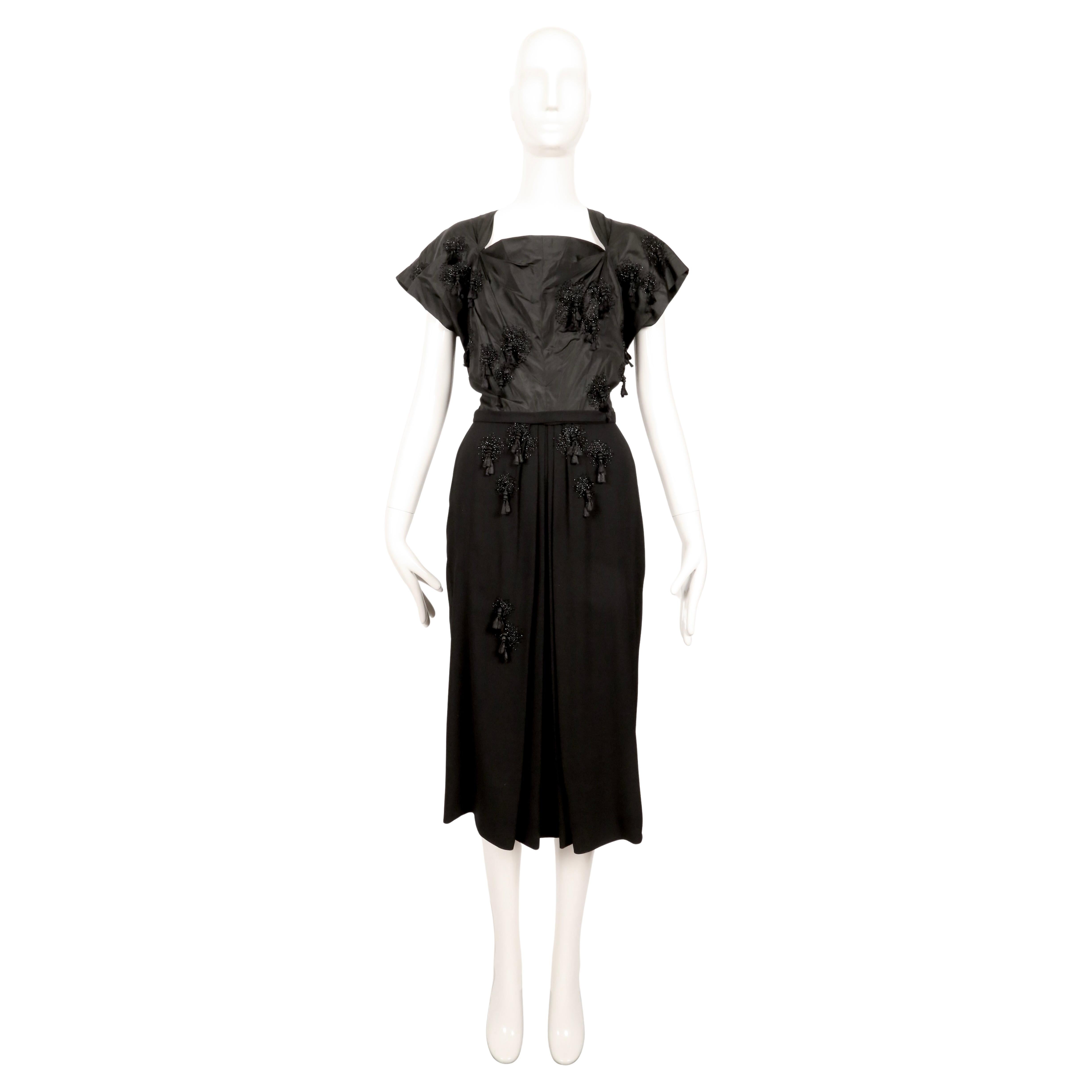 1940's GILBERT ADRIAN black silk taffeta dress with tassels and beading For Sale