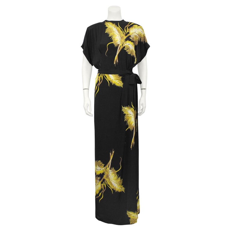 1940s Gilbert Adrian Inspired Black Silk Long Dress With Wheat Sheaf Print