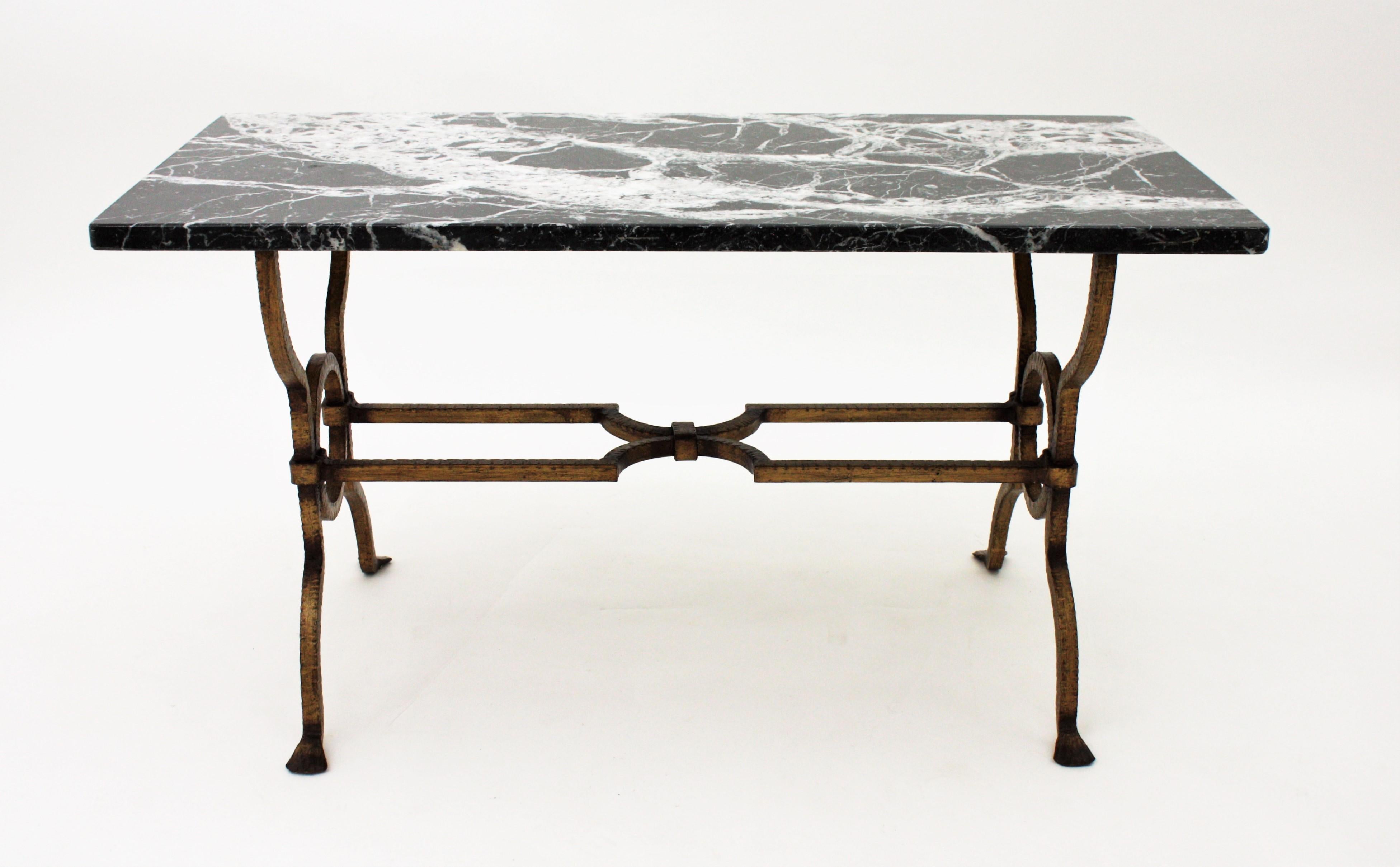 Gold Leaf Gilbert Poillerat Gilt Iron Coffee Table with Black and White Marble Top