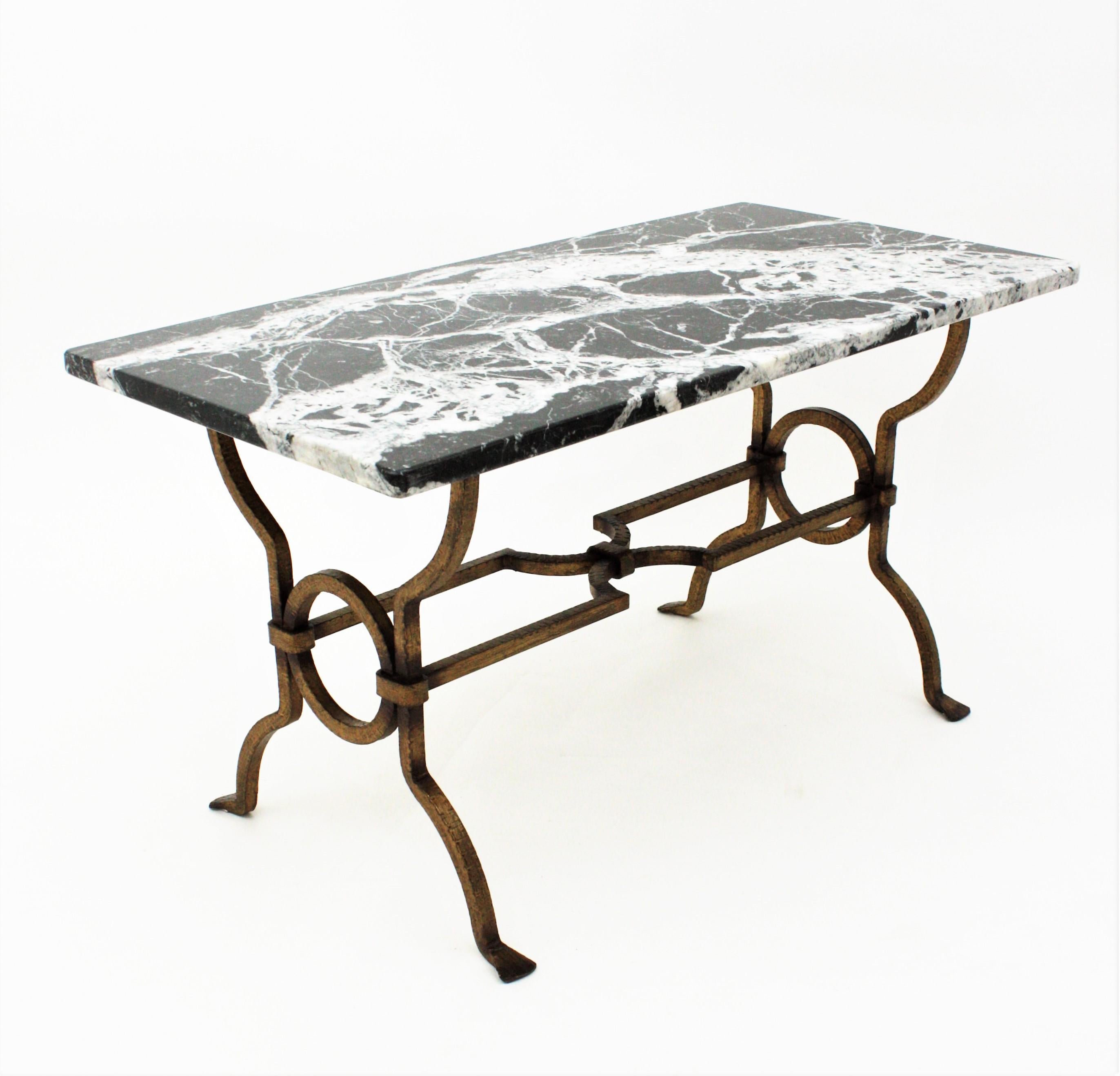 Gilbert Poillerat Gilt Iron Coffee Table with Black and White Marble Top 3