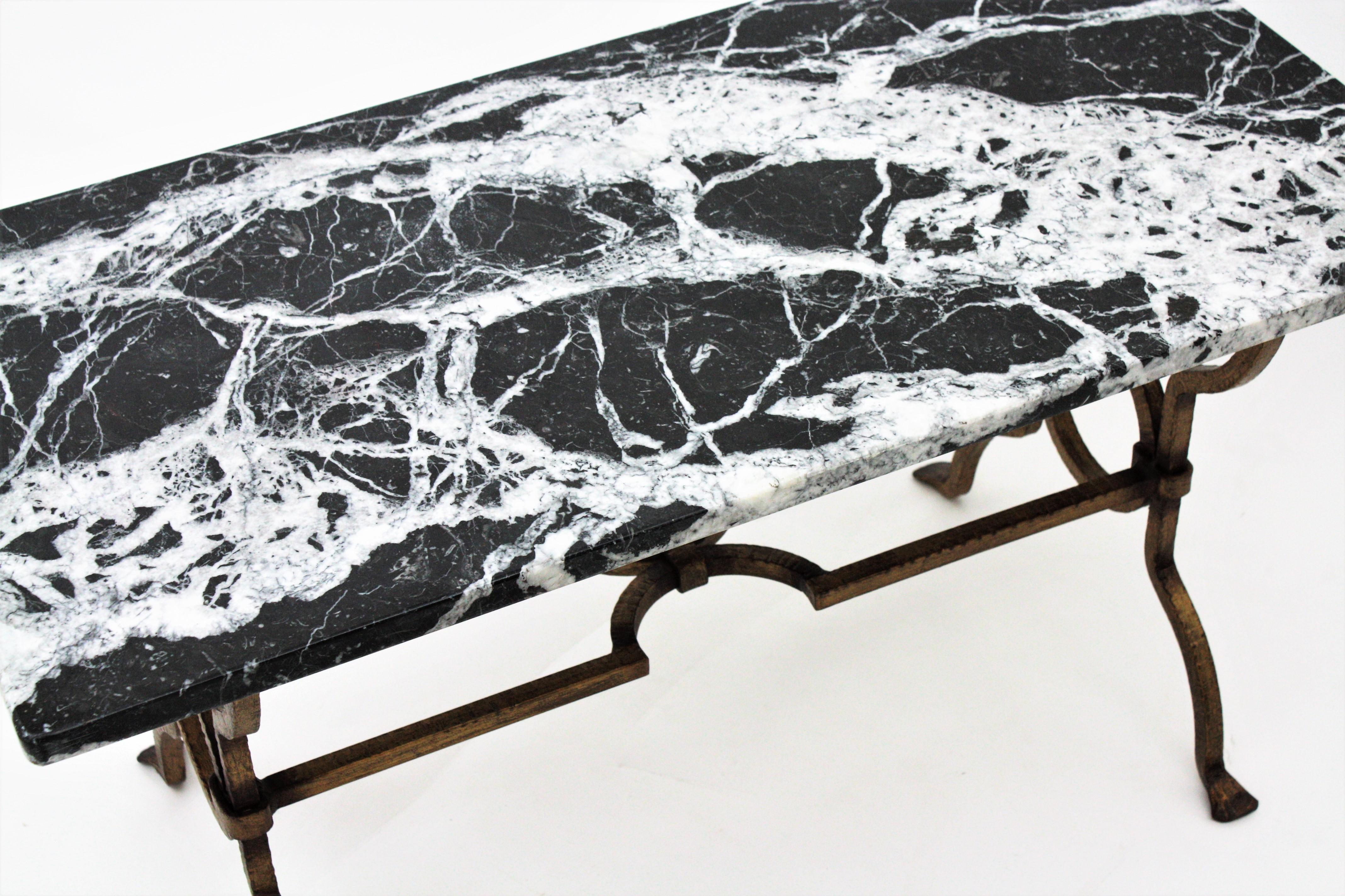 Gilbert Poillerat Gilt Iron Coffee Table with Black and White Marble Top 4