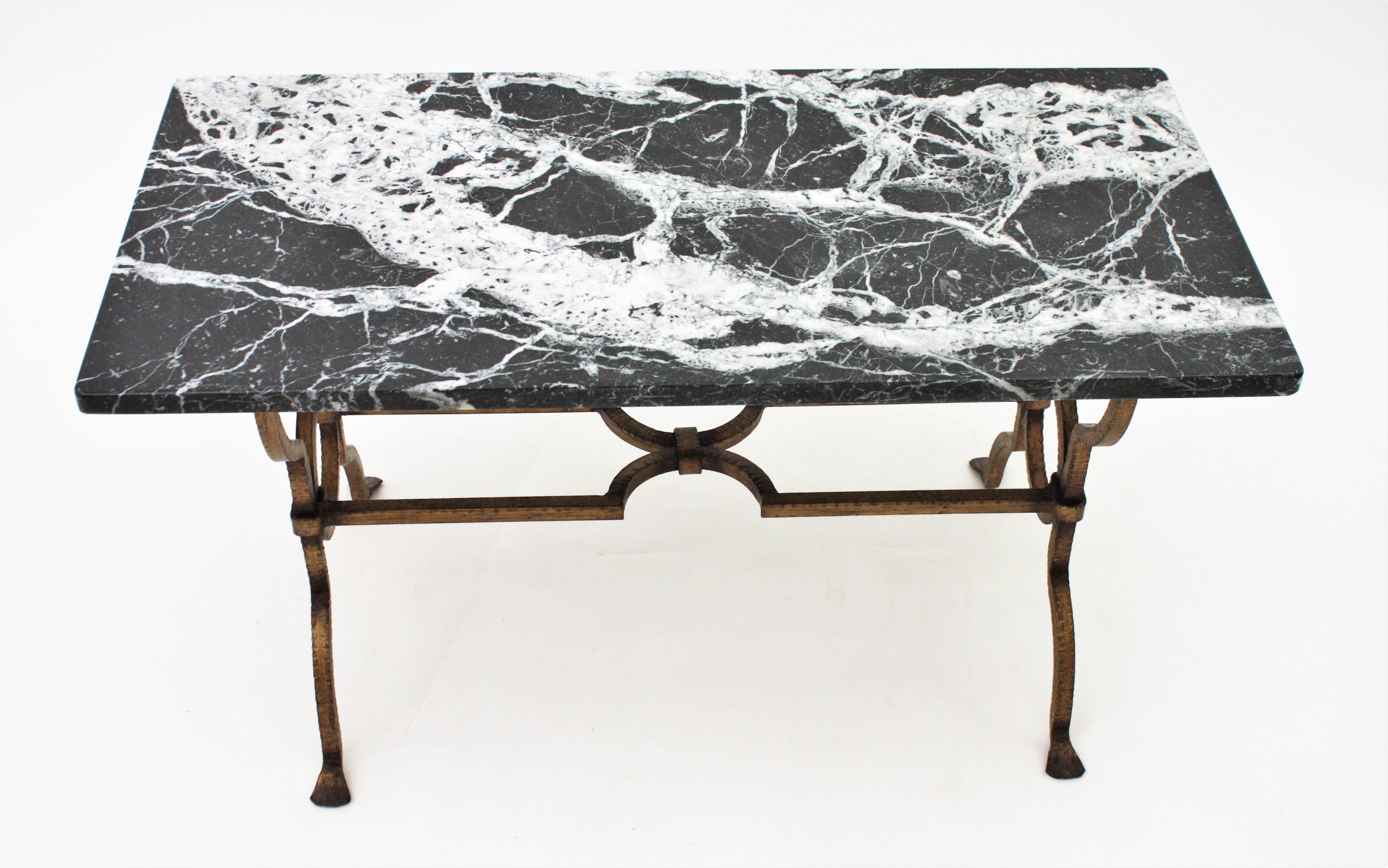 French Gilbert Poillerat Gilt Iron Coffee Table with Black and White Marble Top