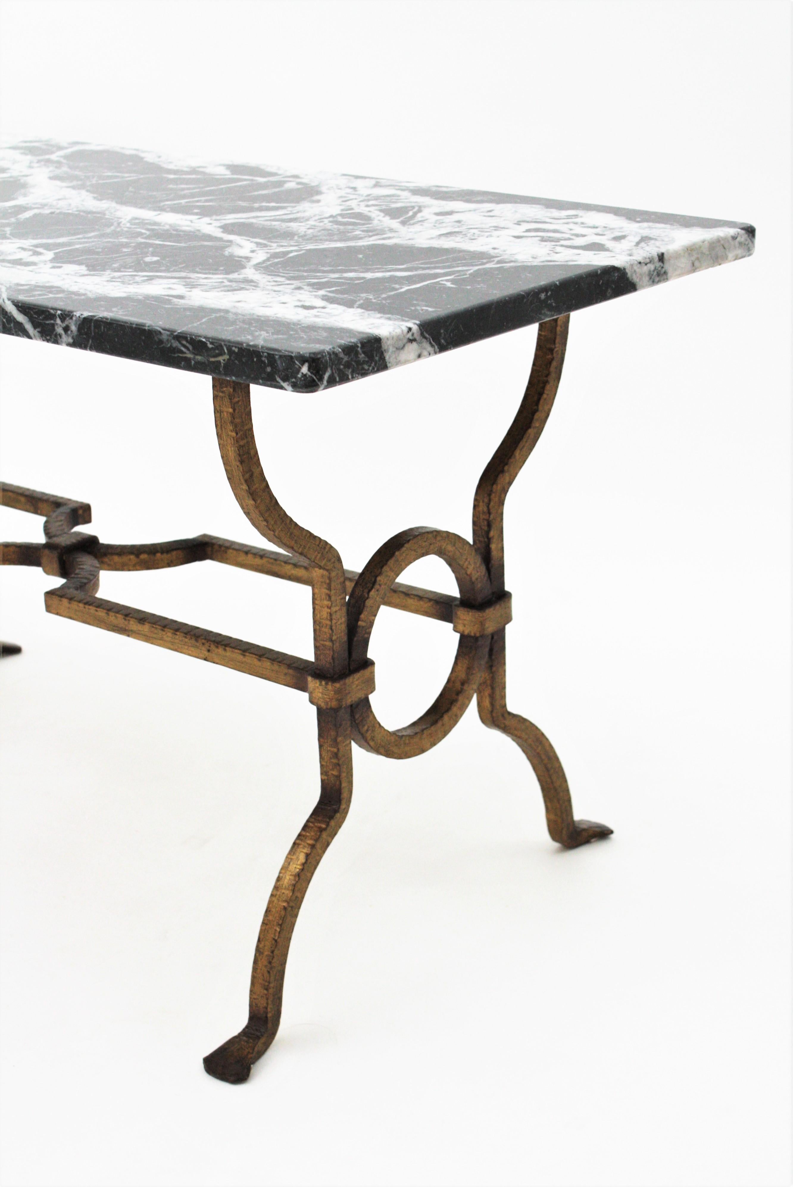 20th Century Gilbert Poillerat Gilt Iron Coffee Table with Black and White Marble Top