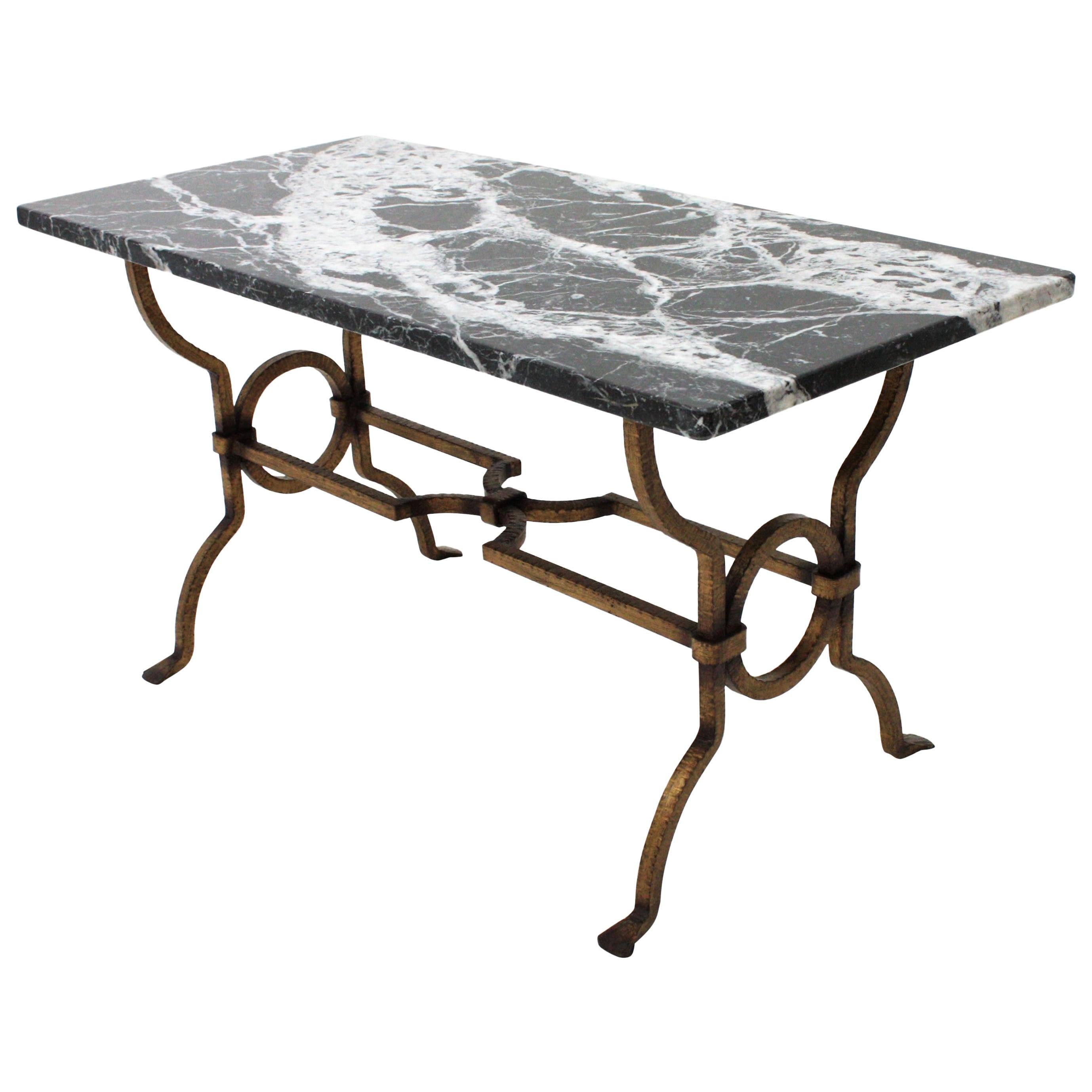 Gilbert Poillerat Gilt Iron Coffee Table with Black and White Marble Top