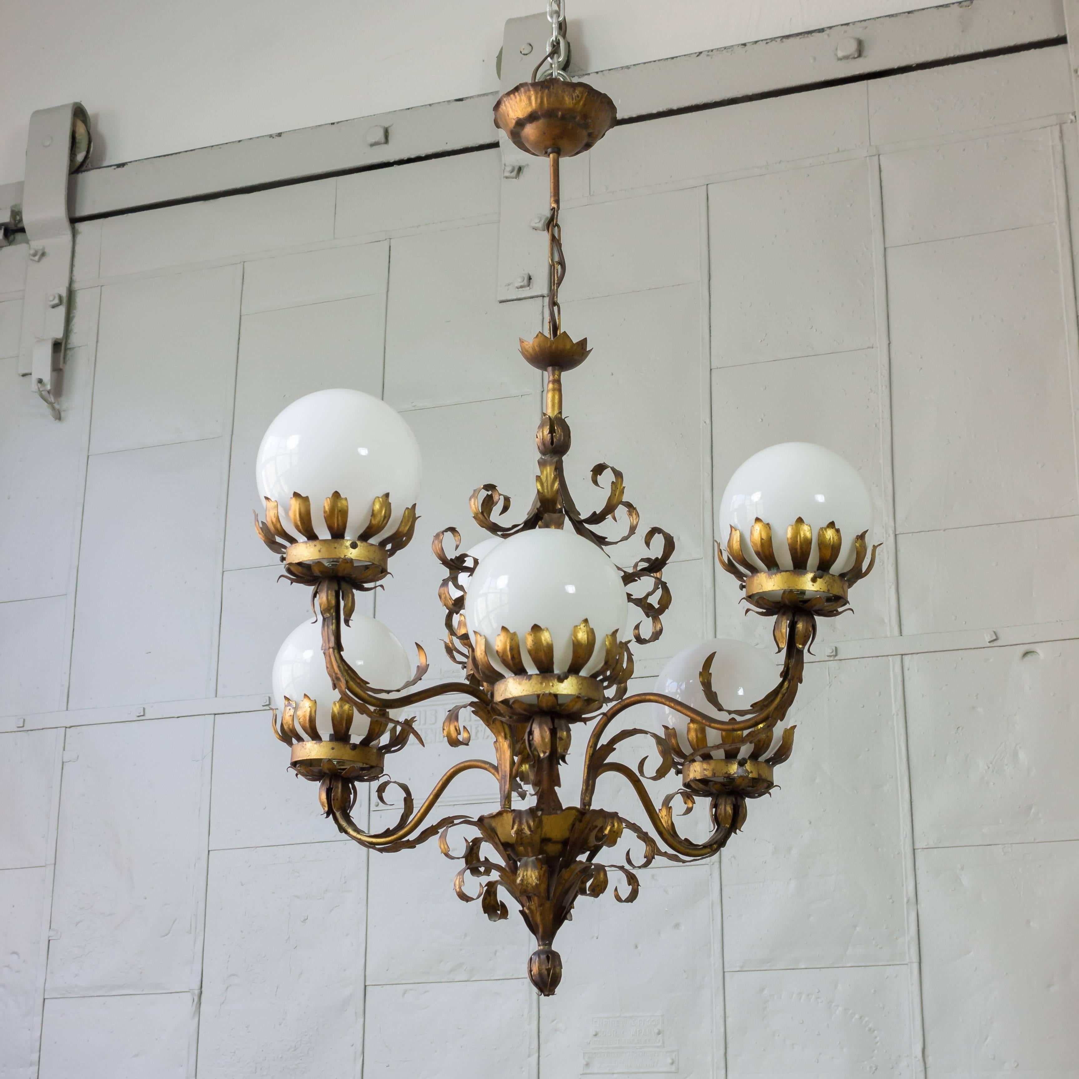 1940s Gilt Metal Chandelier with White Glass Globes 4