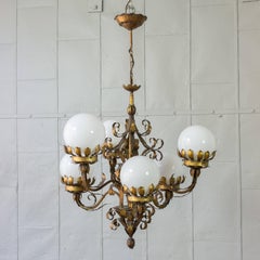 1940s Gilt Metal Chandelier with White Glass Globes