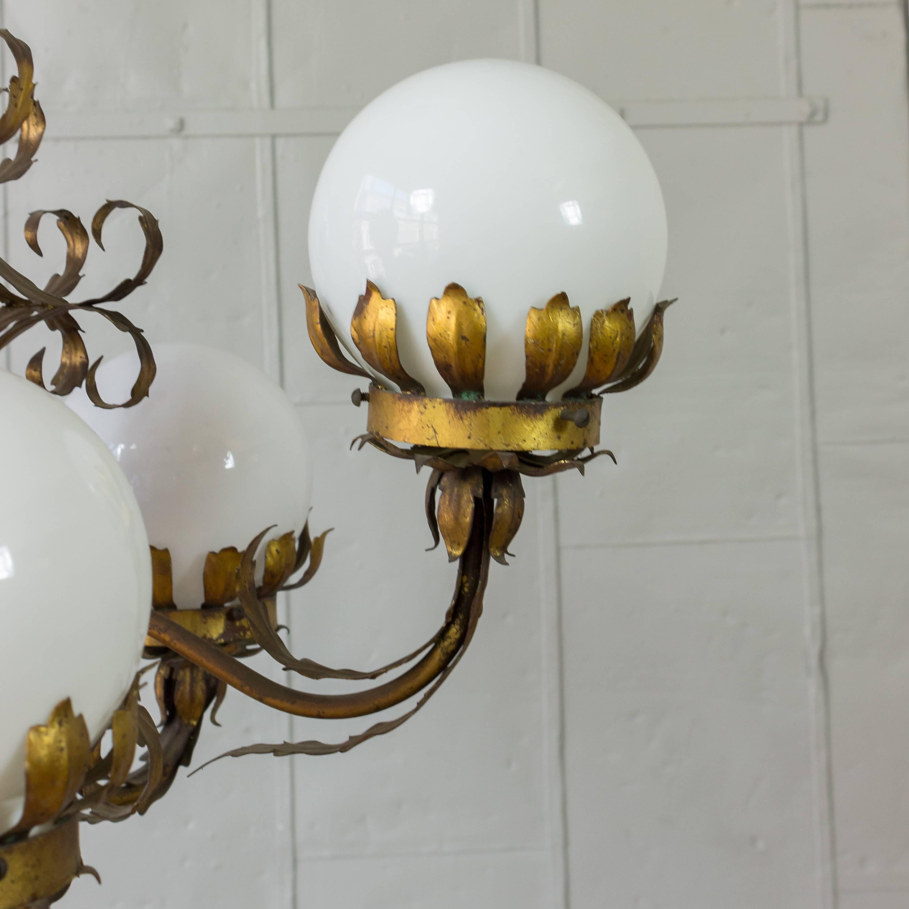 Spanish 1940s Gilt Metal Chandelier with White Glass Globes