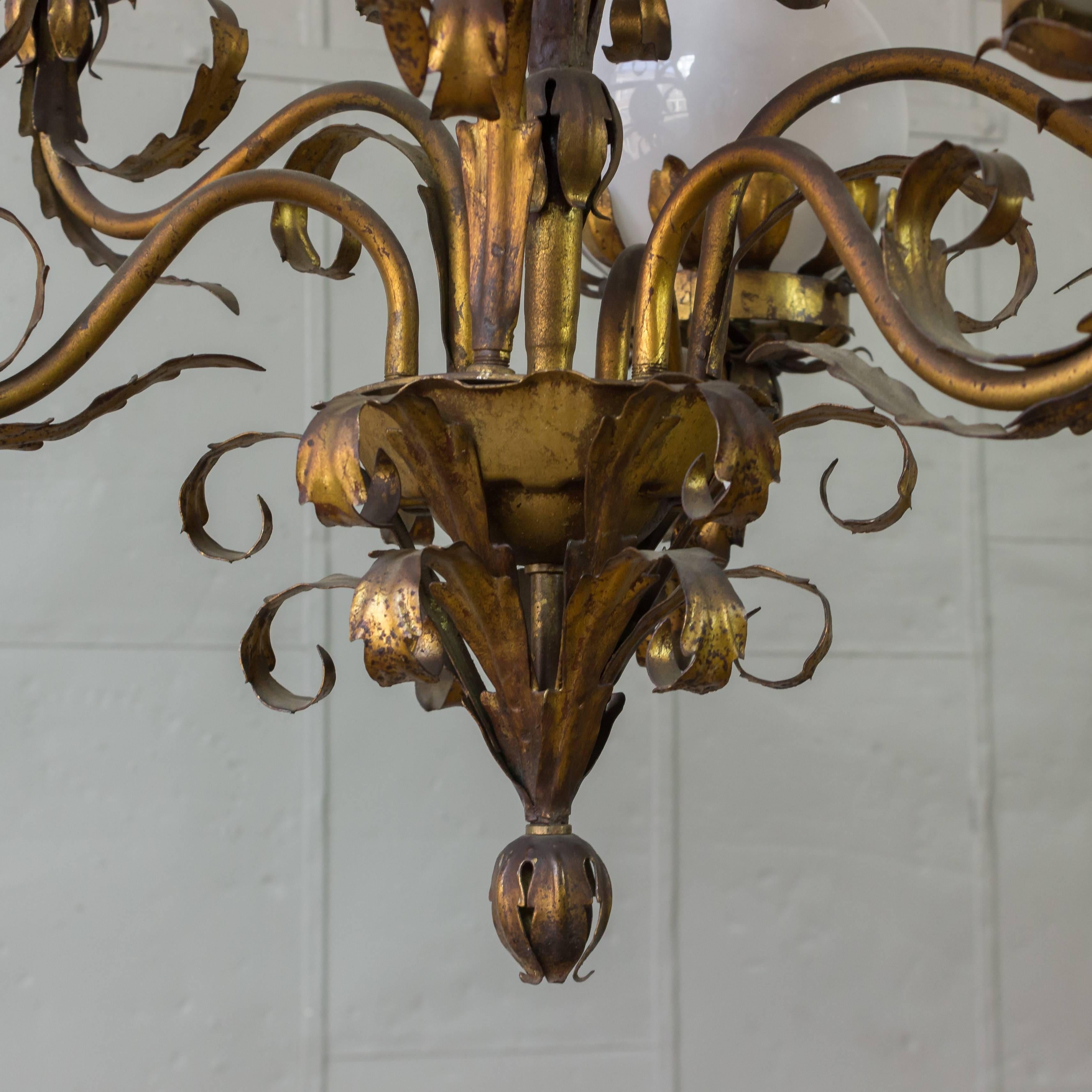 1940s Gilt Metal Chandelier with White Glass Globes In Good Condition In Buchanan, NY