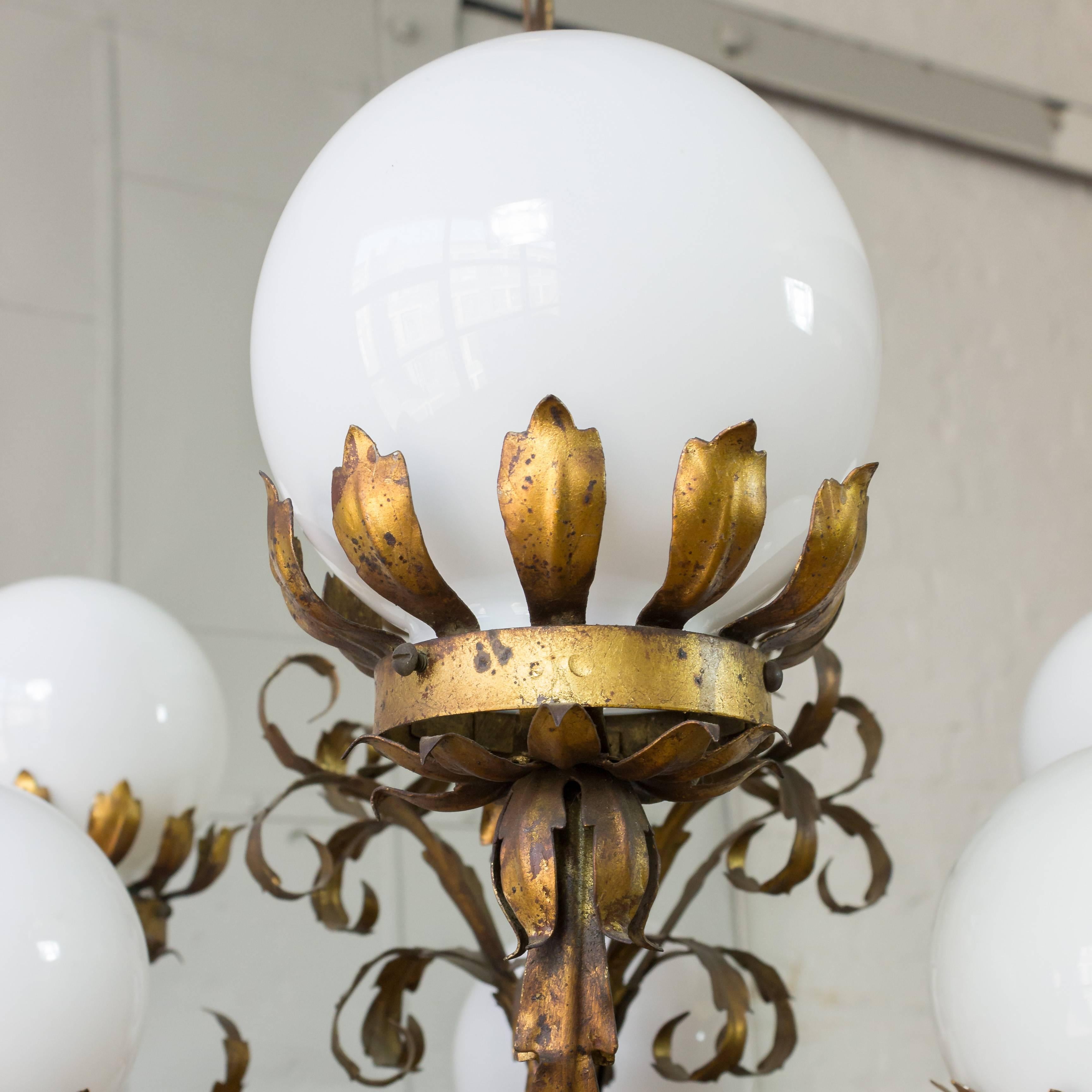 Mid-20th Century 1940s Gilt Metal Chandelier with White Glass Globes